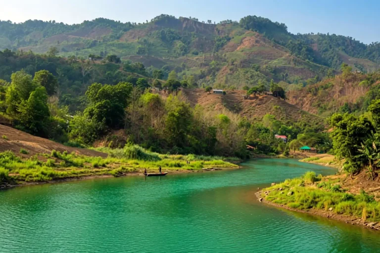 View of Tindu on the Sangu River in Bandarban with green hills, low clouds, and wooden boats along the rocky bank