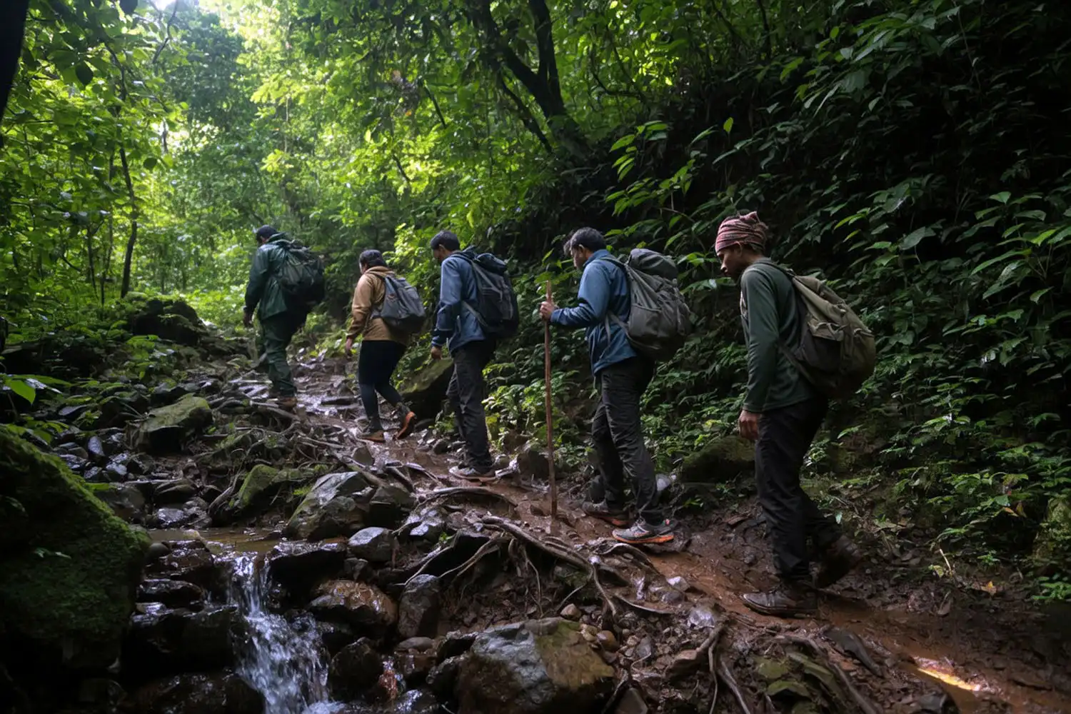 A small group of trekkers with a local guide walking a steep forest trail toward Damtua Waterfall in Alikadam