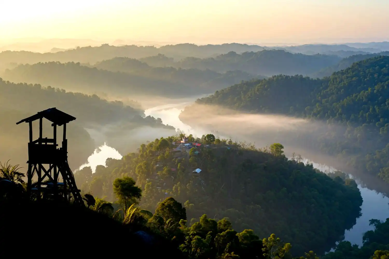 Wooden watch tower at the top of Sukhiya Valley with views of the Matamuhuri River and the Sukhiya and Dukhiya hills