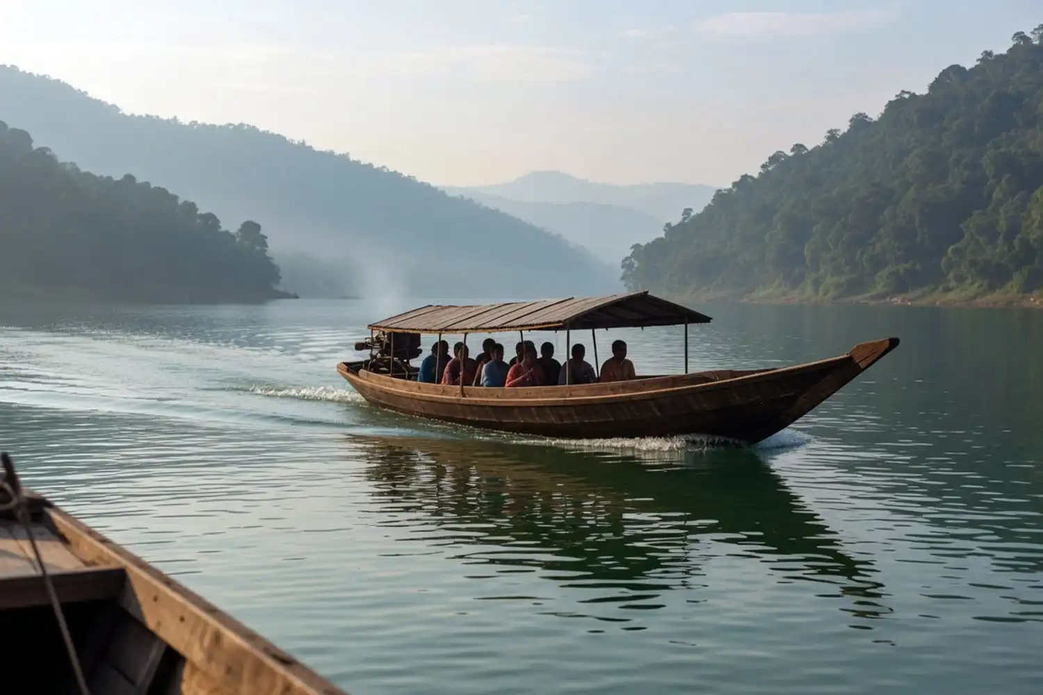 Wooden engine trawler carrying passengers across the calm green water of Kaptai Lake on the way to Bilaichhari in Rangamati