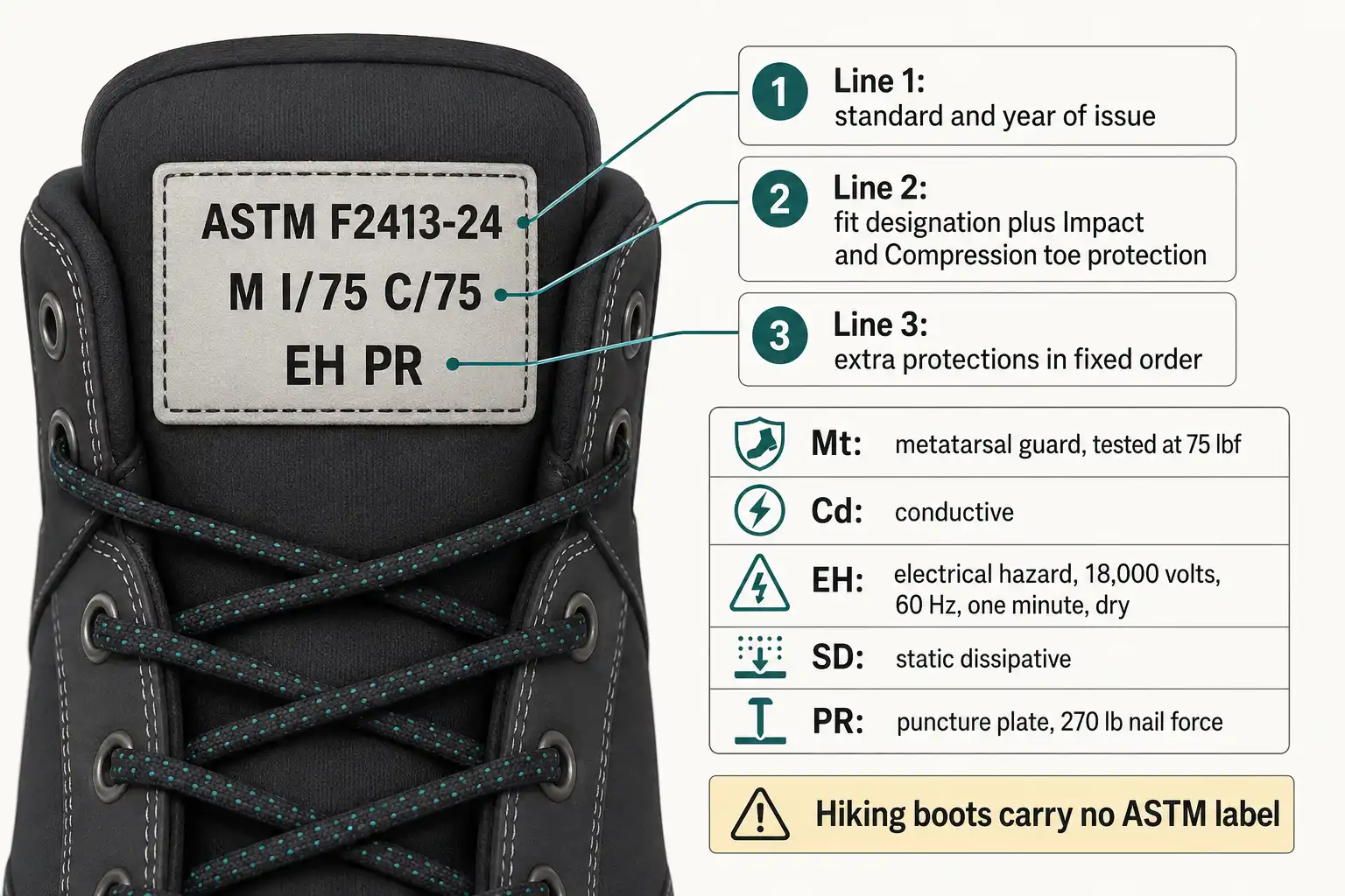 Infographic decoding an ASTM F2413 boot label showing standard year, impact and compression codes, and the extra Mt, Cd, EH, SD and PR protection codes