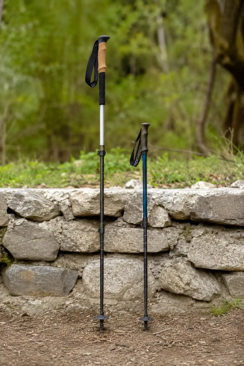 Full length adult trekking pole beside a shorter youth trekking pole with a smaller grip, both standing upright on a trail