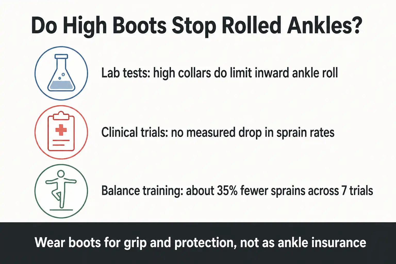 Infographic summarizing that lab tests show reduced ankle roll in high cut footwear while clinical trials show no drop in sprains