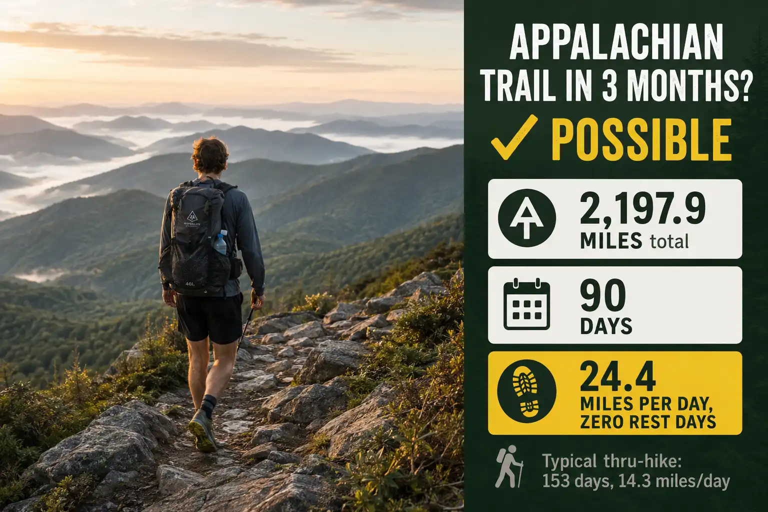 Infographic showing that hiking the Appalachian Trail in 3 months requires 24.4 miles per day over 2,197.9 miles