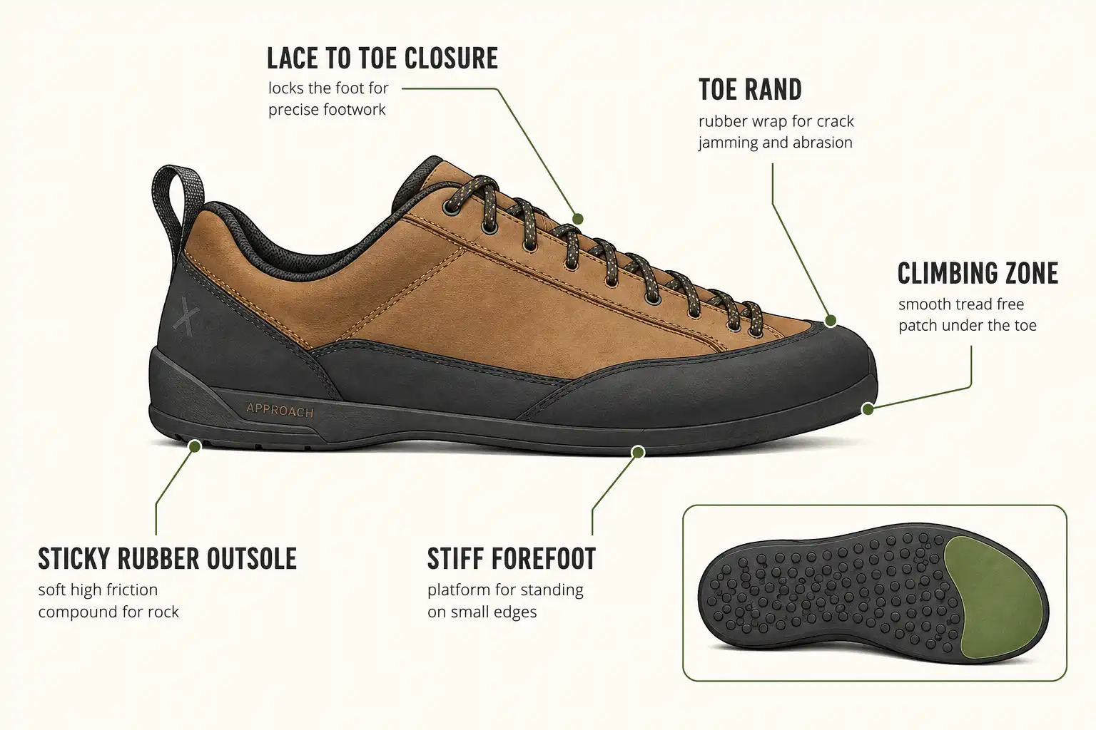 Labeled diagram of an approach shoe showing sticky rubber outsole, smooth climbing zone, toe rand, stiff midsole and lace to toe closure