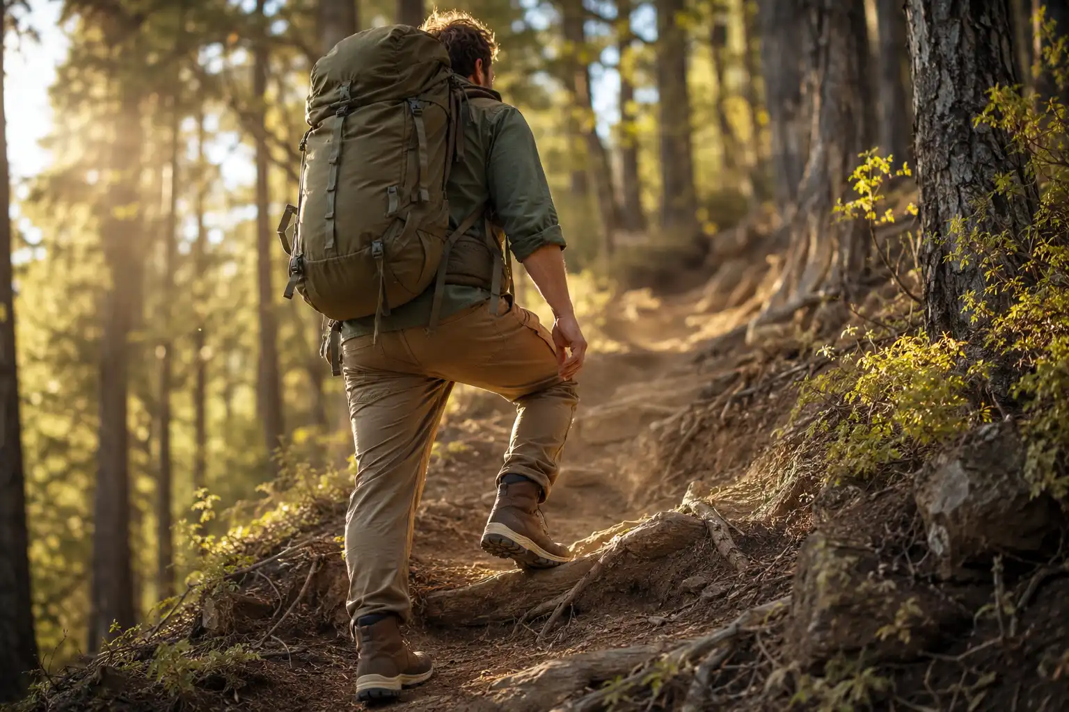 Backpacker in mid cut cushioned hiking boots climbing a dirt trail while carrying a fully loaded multi day backpack