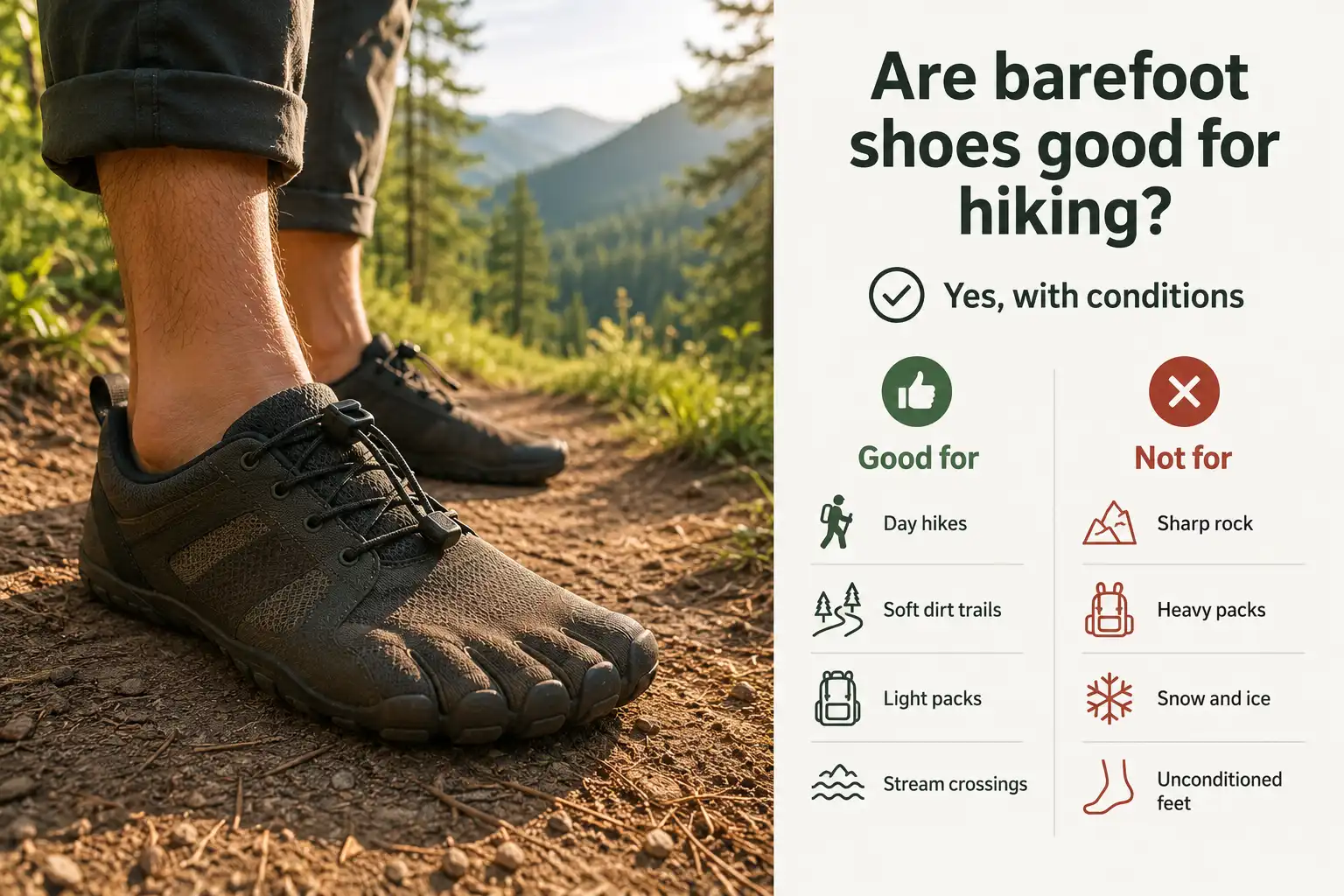 Barefoot hiking shoe on dirt trail with terrain suitability chart