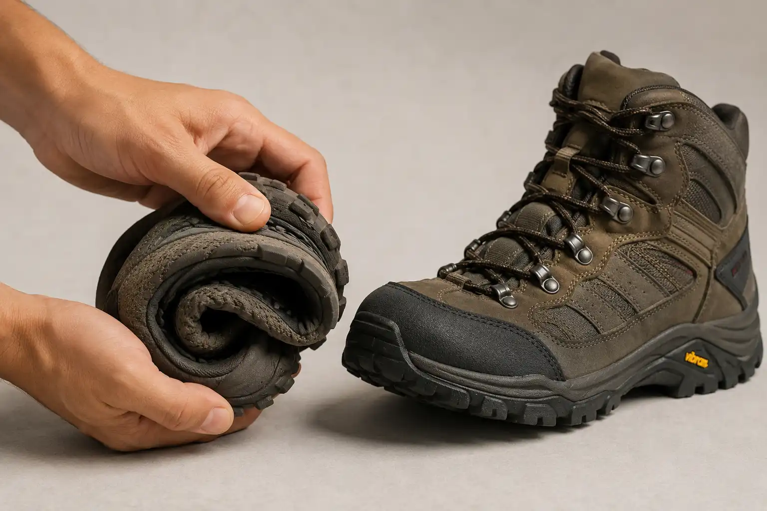 Hands bending a barefoot hiking shoe in half to show the thin flexible sole next to a stiff hiking boot