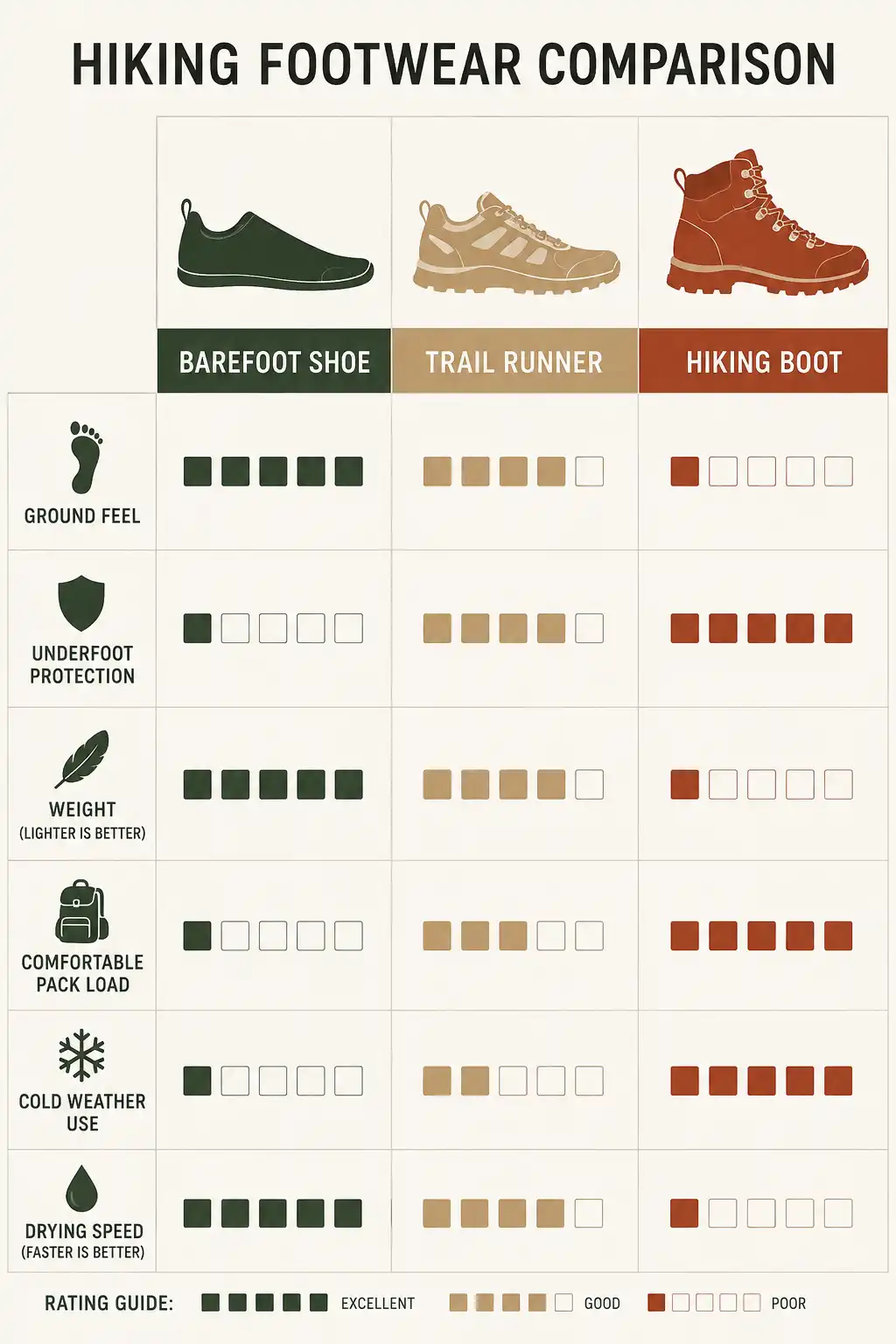 Comparison infographic of barefoot shoes, trail runners, and hiking boots across protection, weight, and pack load
