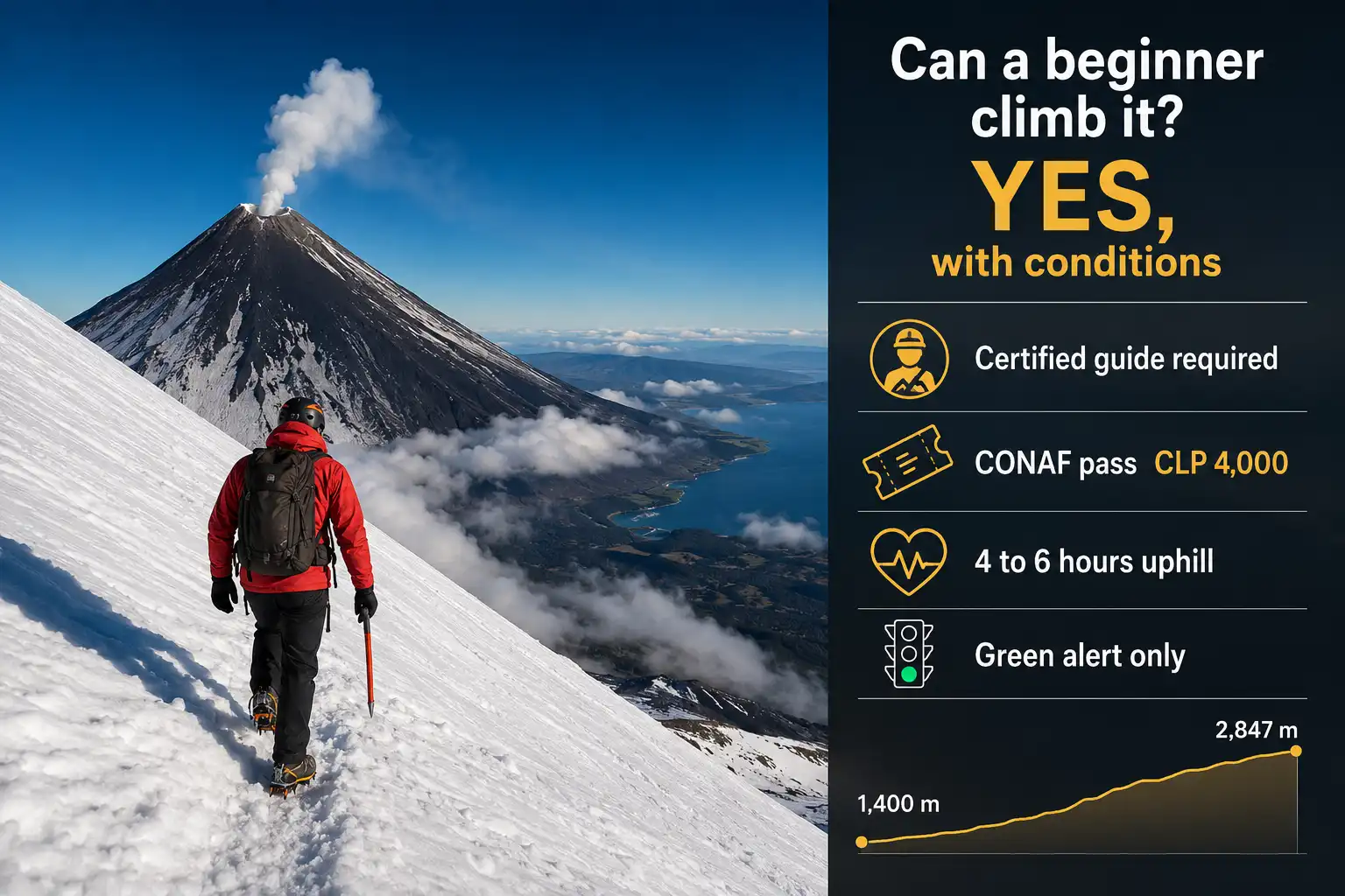 Beginner hiker in crampons climbing the snow slope of Villarrica volcano beside a panel listing the guide, permit and fitness requirements for the summit