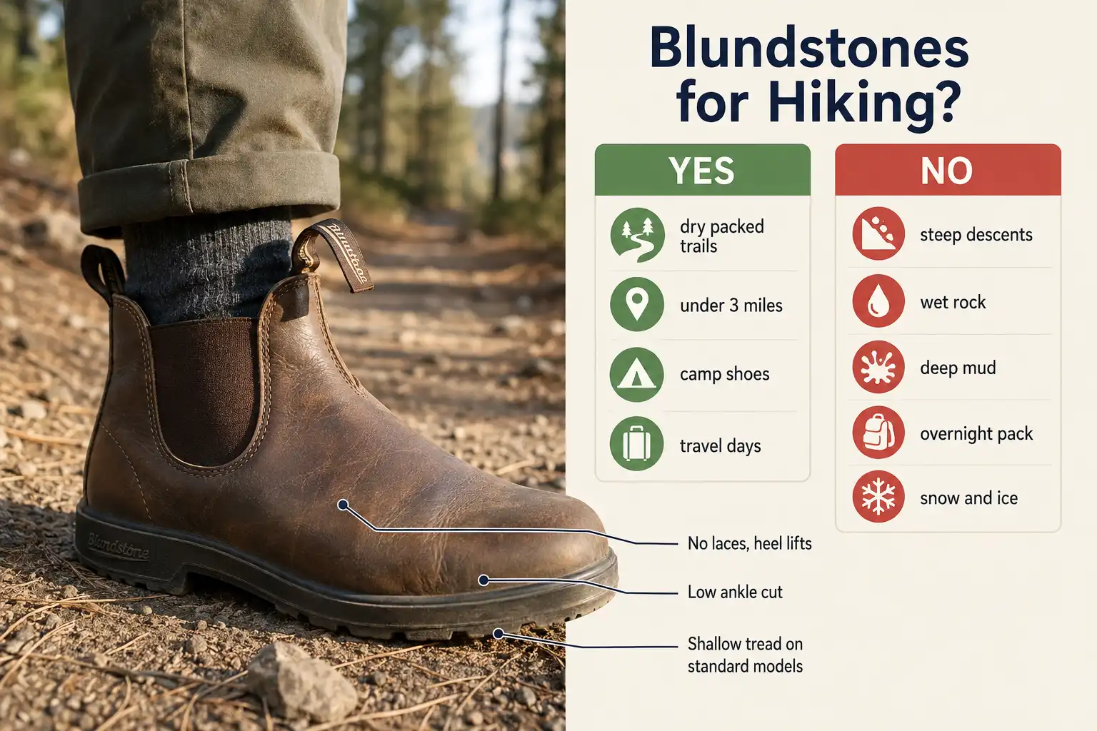 eather Chelsea boot on a dry trail with a chart showing Blundstones suit easy hikes under 3 miles, not wet or steep trails