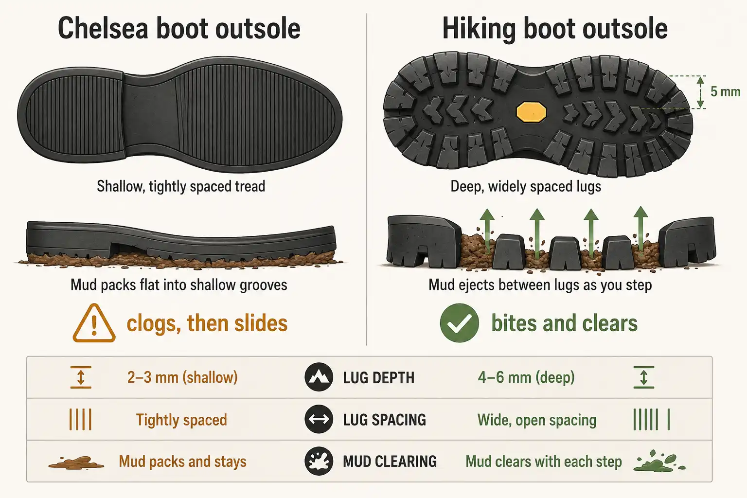 Shallow Blundstone tread packed with mud beside a 5 mm hiking boot lug that sheds it