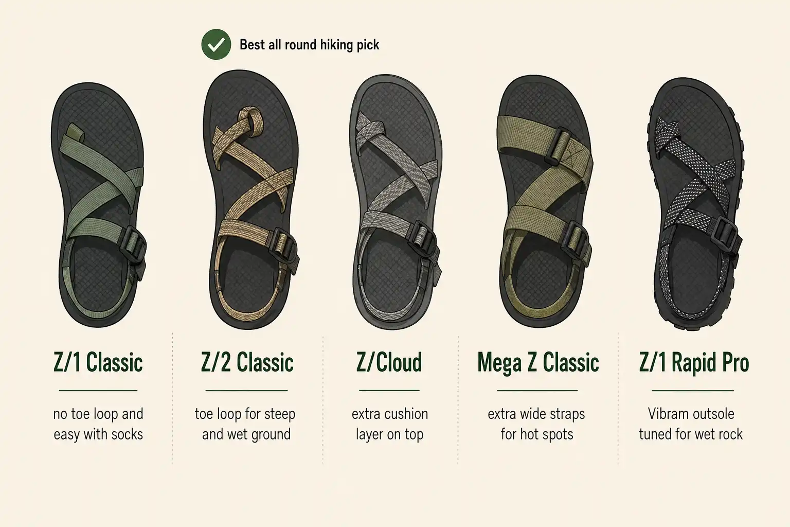 Comparison chart of five Chaco sandal models showing which one suits toe loop preference, cushioning, wide straps and wet rock grip