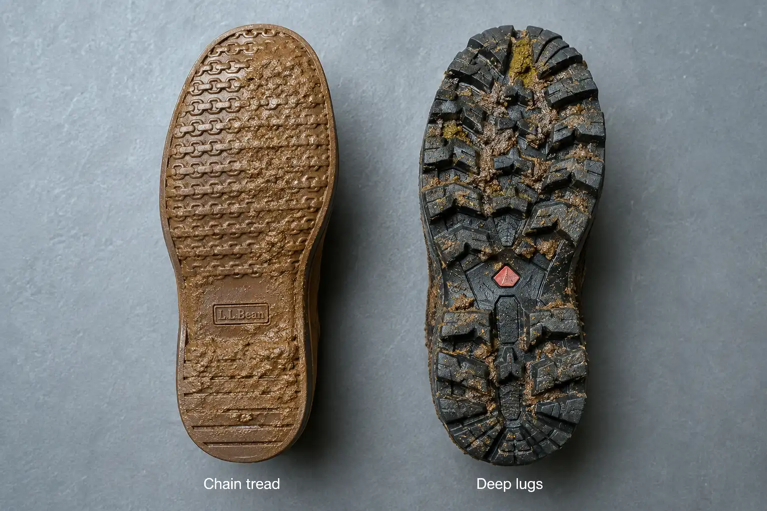 Two boot soles side by side showing the shallow chain link pattern of a duck boot next to the deep multi directional lugs of a hiking boot