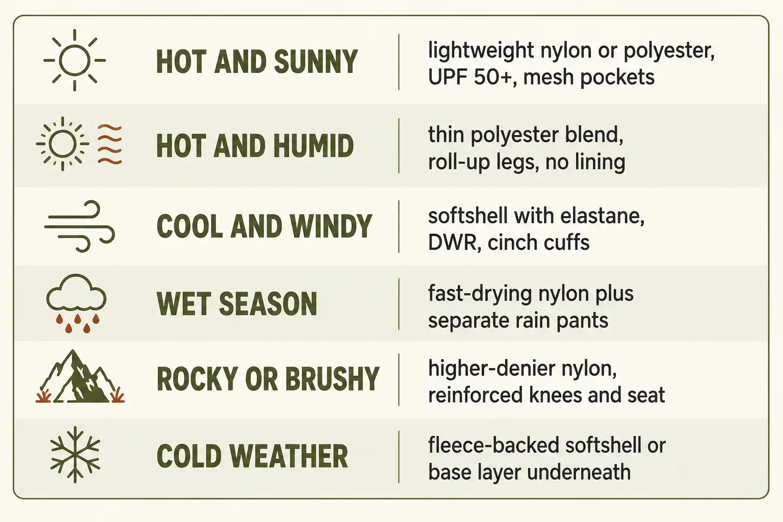 Six row infographic chart matching hiking conditions such as hot and sunny, hot and humid, cool and windy, wet season, rocky terrain and cold weather to the recommended hiking pant fabric and features