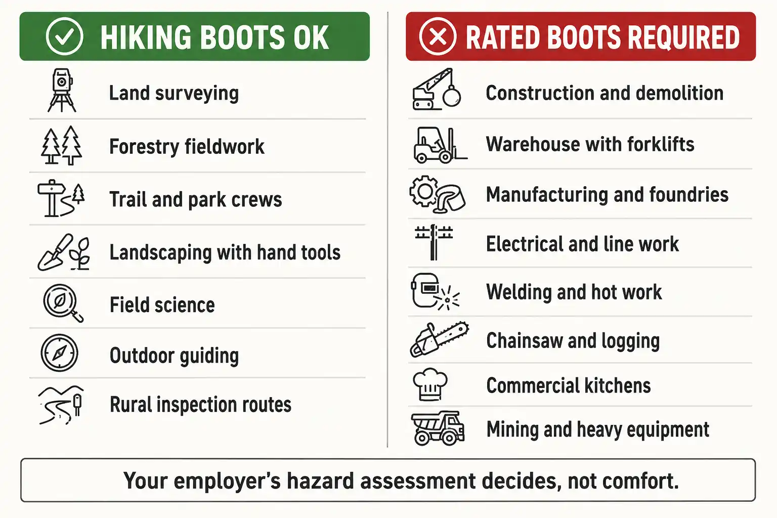 Two column chart listing field jobs where hiking boots are acceptable and industrial jobs that require ASTM rated safety footwear
