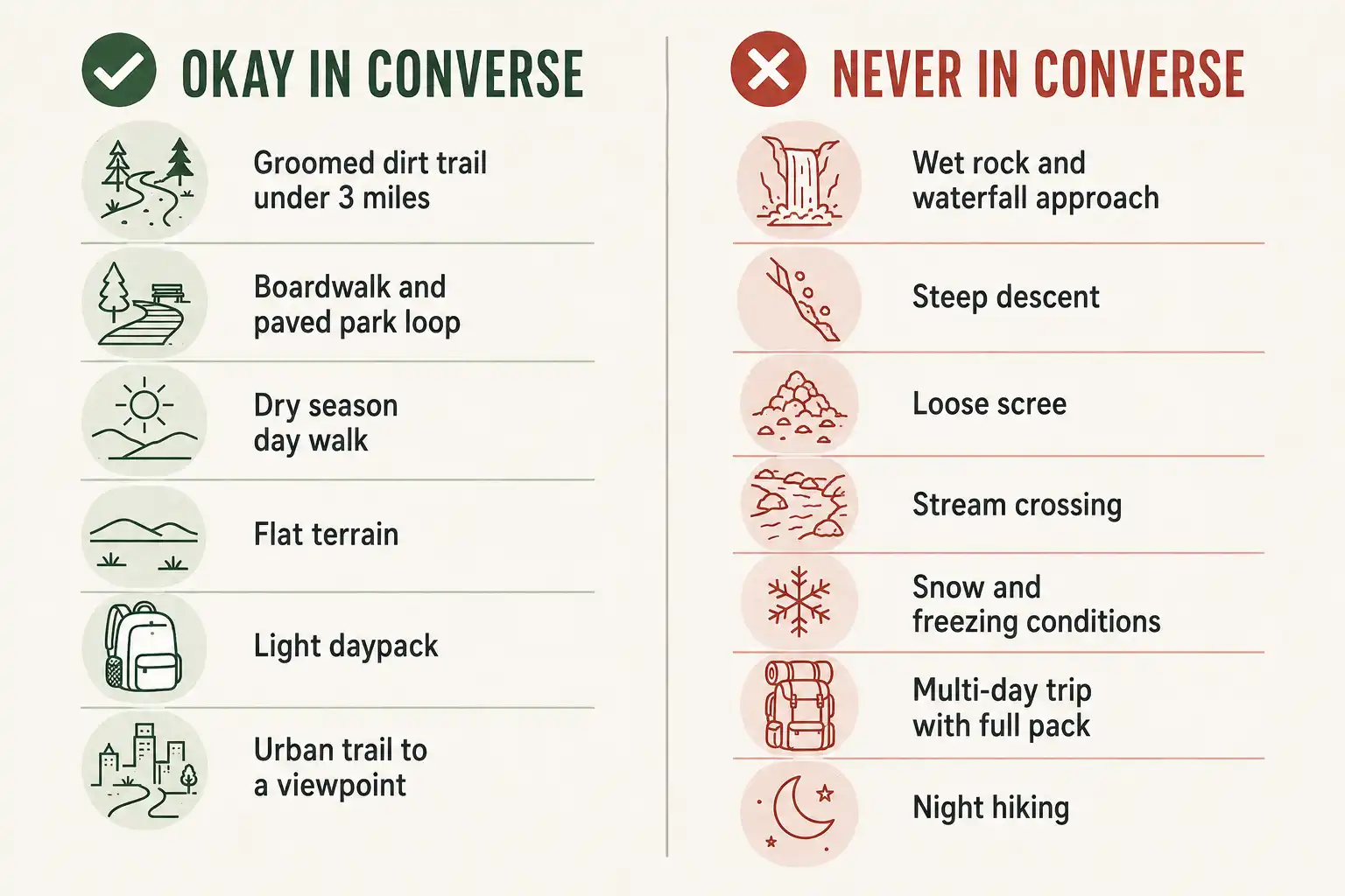 Two column chart listing trail conditions where Converse are acceptable and conditions where hikers should avoid them