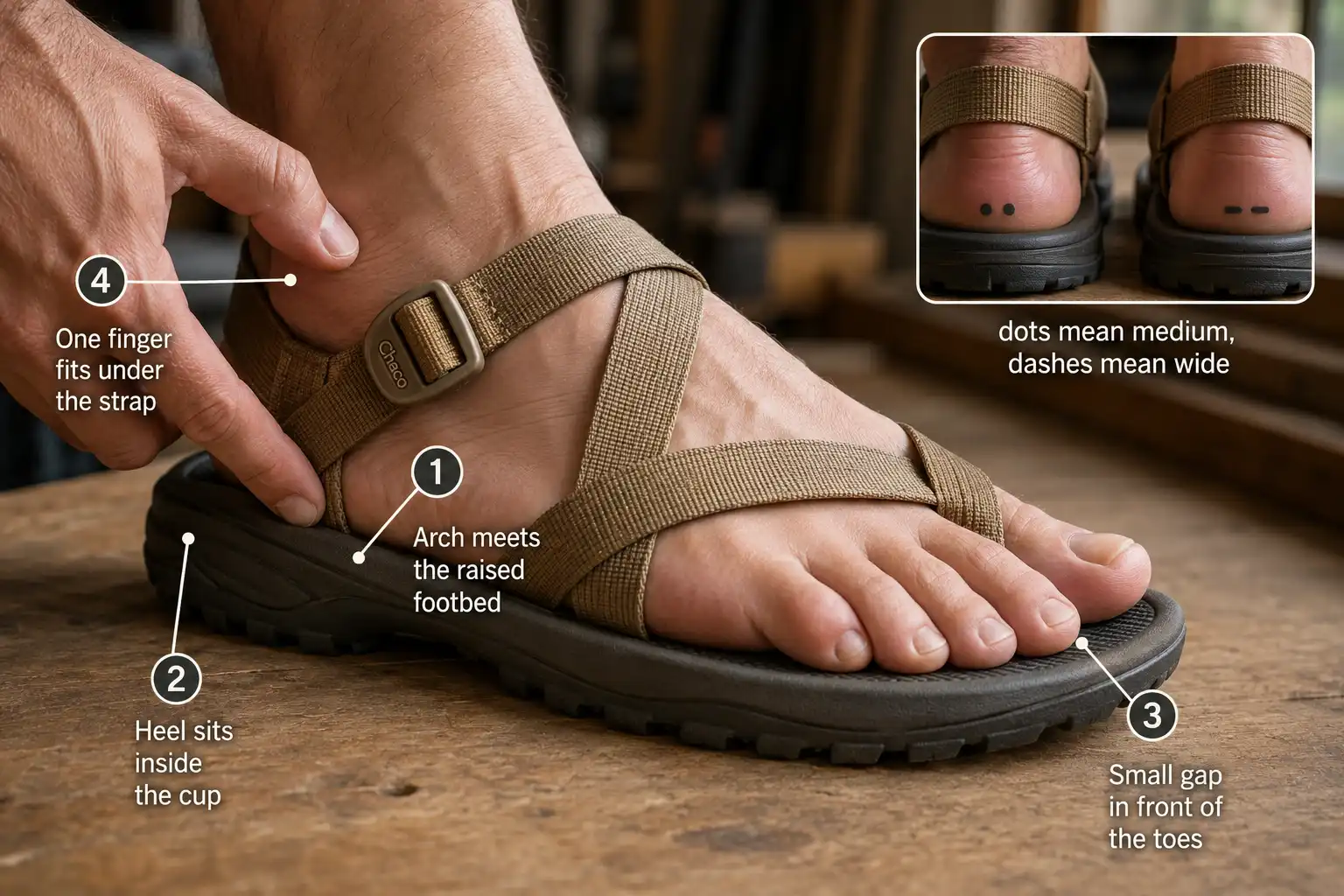 Close view of a foot in a strapped sandal with markers showing correct heel cup position, arch alignment and toe clearance for hiking fit