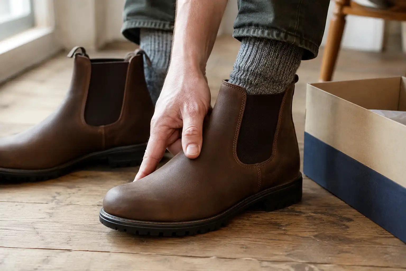 Hiker pressing the toe box of a leather Chelsea boot to check the quarter inch of toe room hiking needs