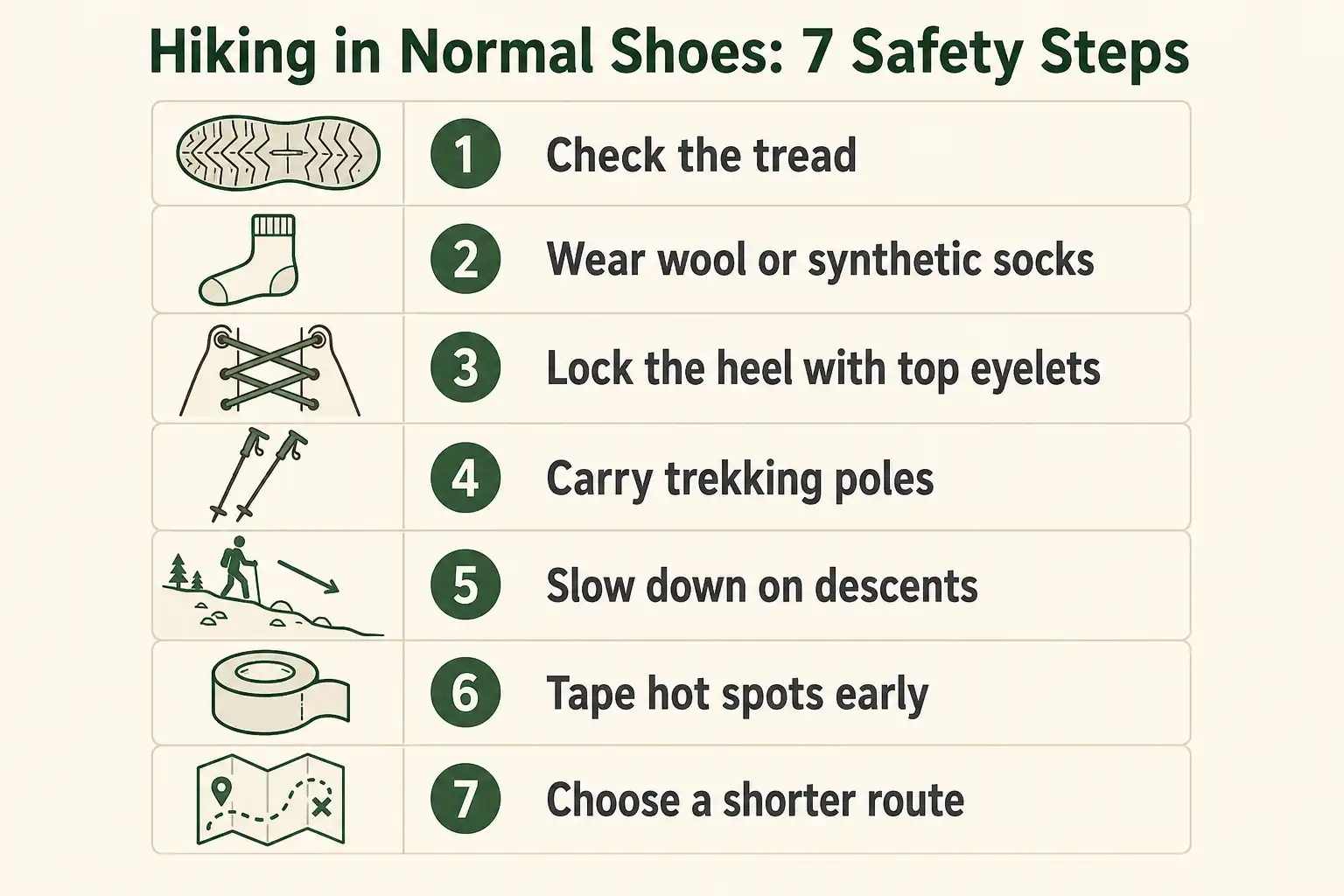 Seven-step checklist covering tread checks, socks, lacing, poles, pace, blister taping, and route length for hiking in normal shoes