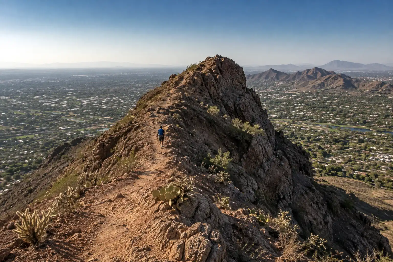 Hiker walking the exposed ridgeline of the Cholla Trail on Camelback Mountain above Paradise Valley
