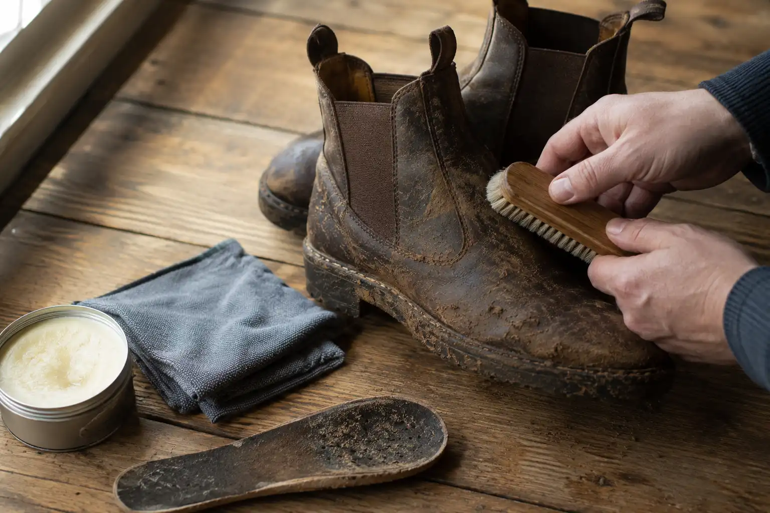 Hiker brushing dried mud from the sole and elastic side gusset of a leather Chelsea boot before conditioning