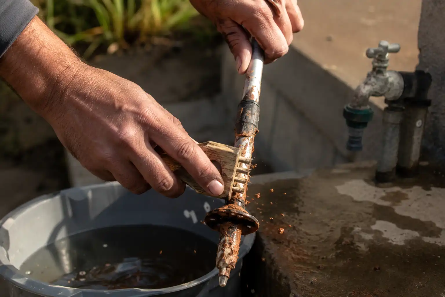 Hiker scrubbing dried mud from the tip and basket of a trekking pole with a brush before packing for a flight
