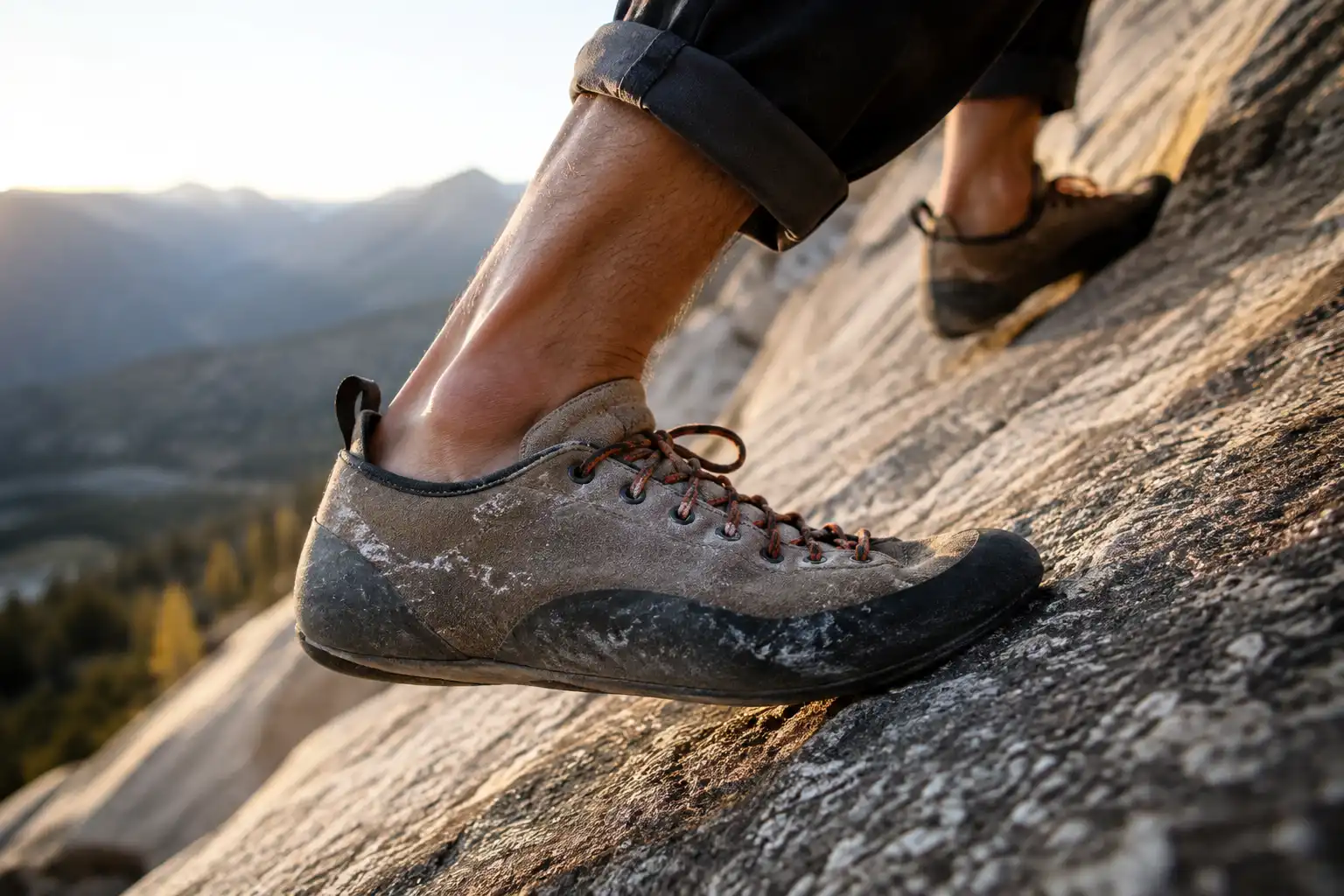 Close up of a climber pressing the smooth toe zone of an approach shoe flat against a low angle rock slab while scrambling