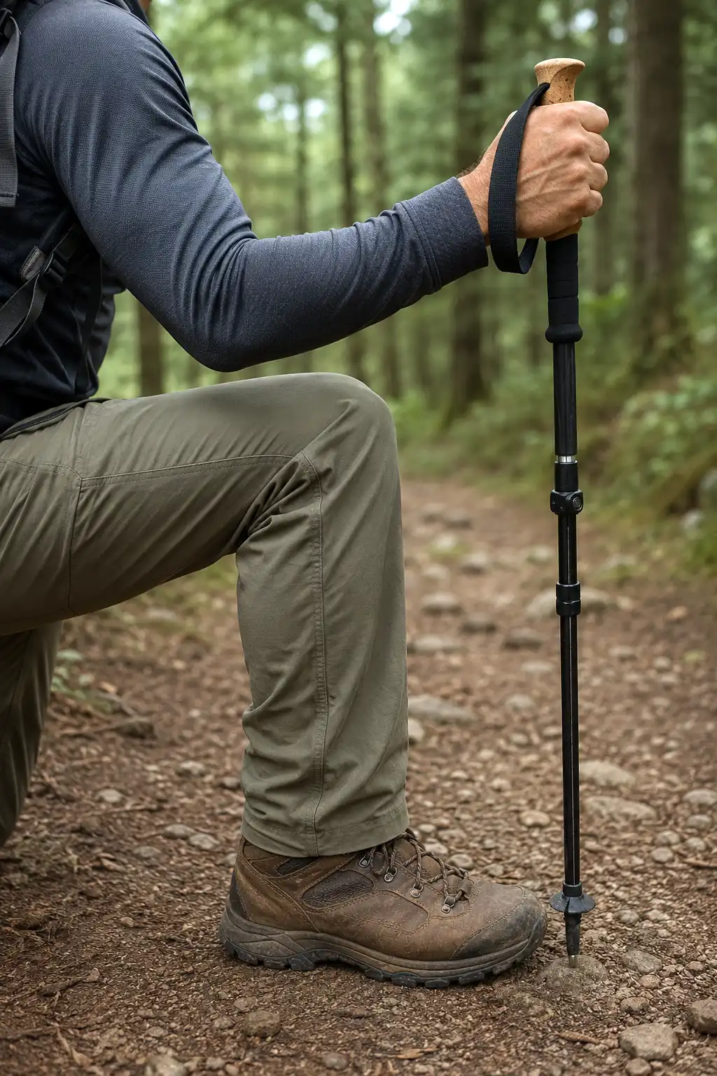 Close up of a hiker's arm holding a trekking pole grip with the forearm parallel to the ground and the tip planted beside a hiking boot