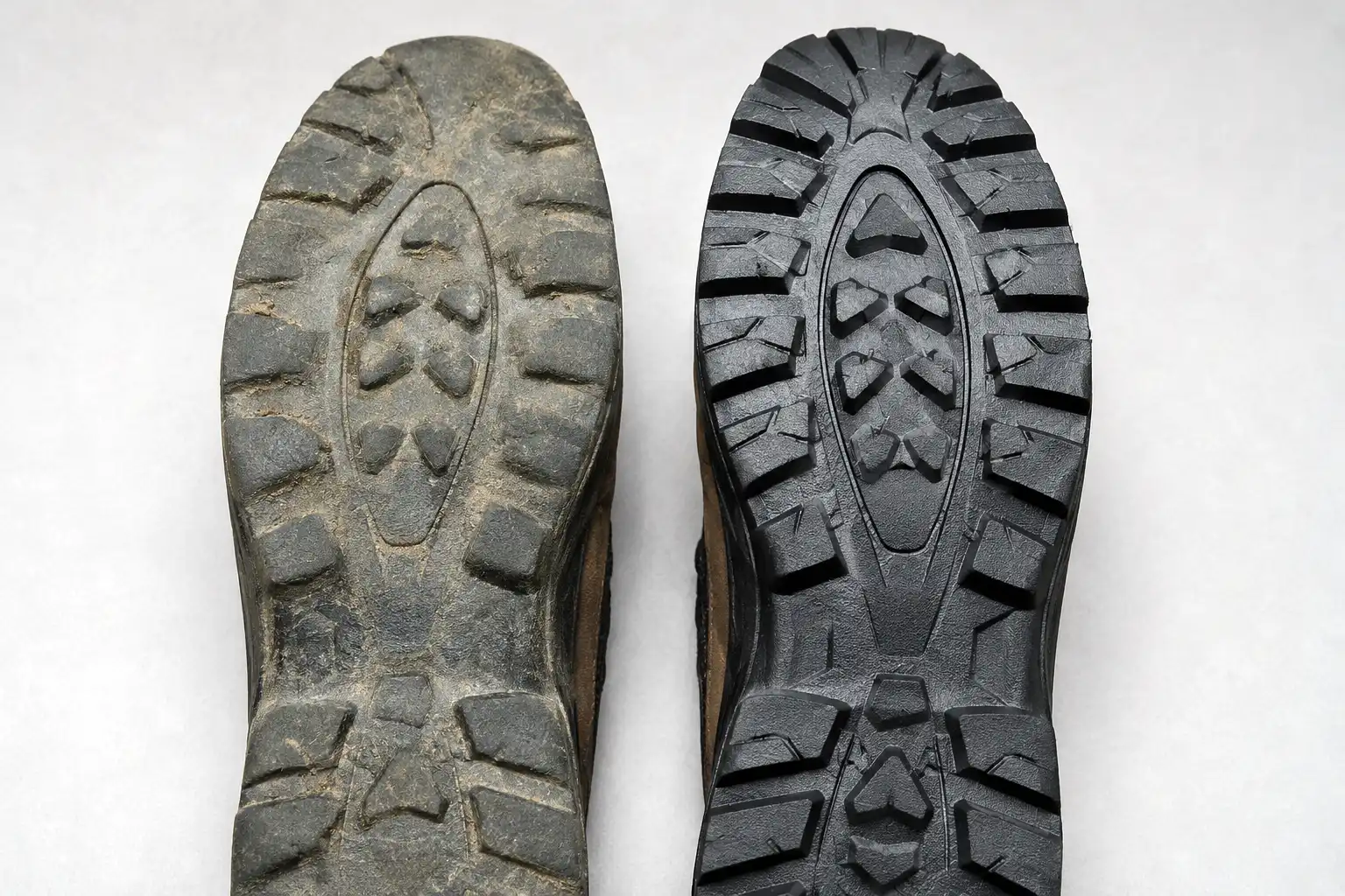 Side by side comparison of a hiking boot outsole with flattened worn lugs and a new outsole with deep sharp lugs