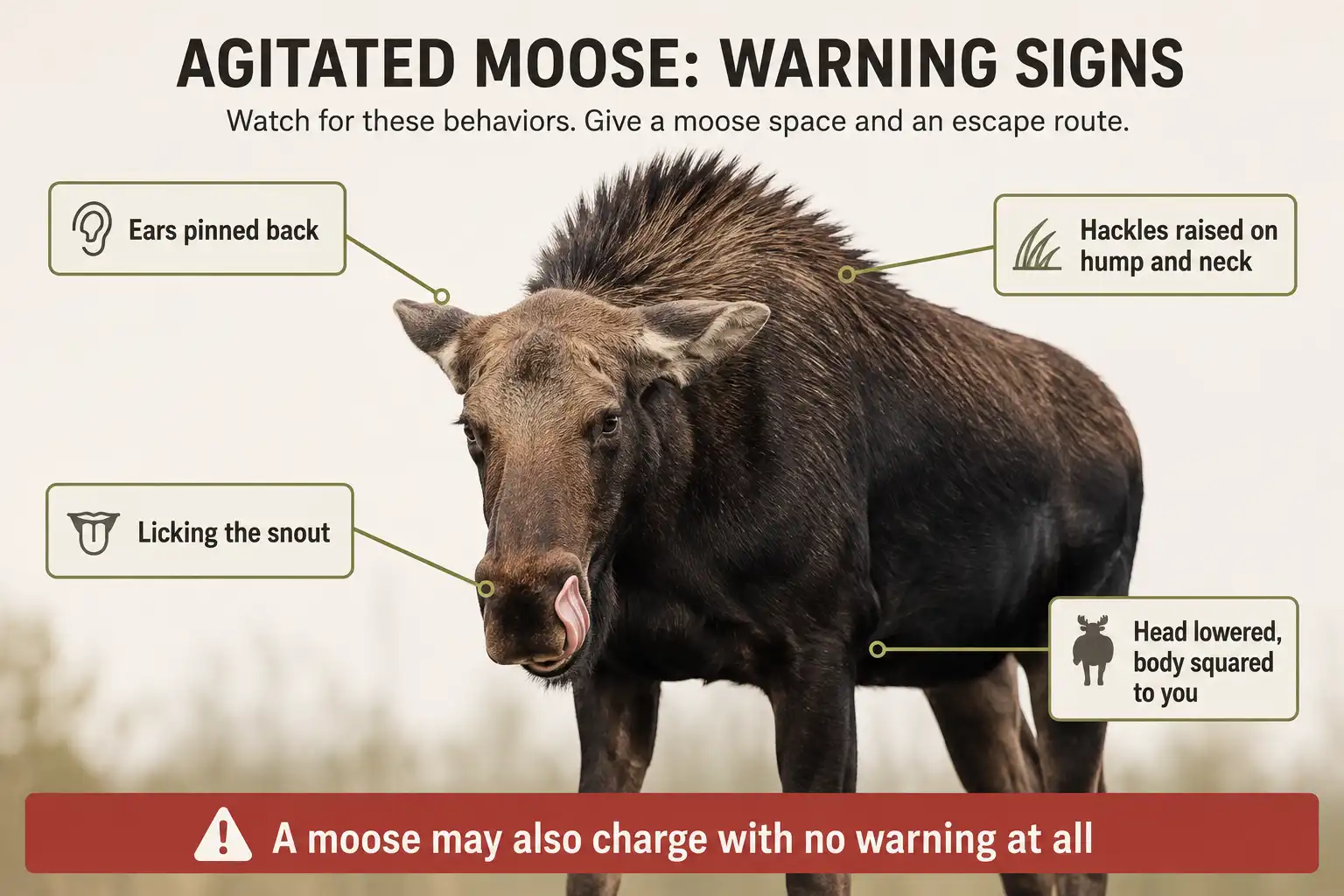 Moose displaying the four signals that come before a charge: ears laid flat back, raised hair along the neck and shoulder hump, snout licking, and a lowered head