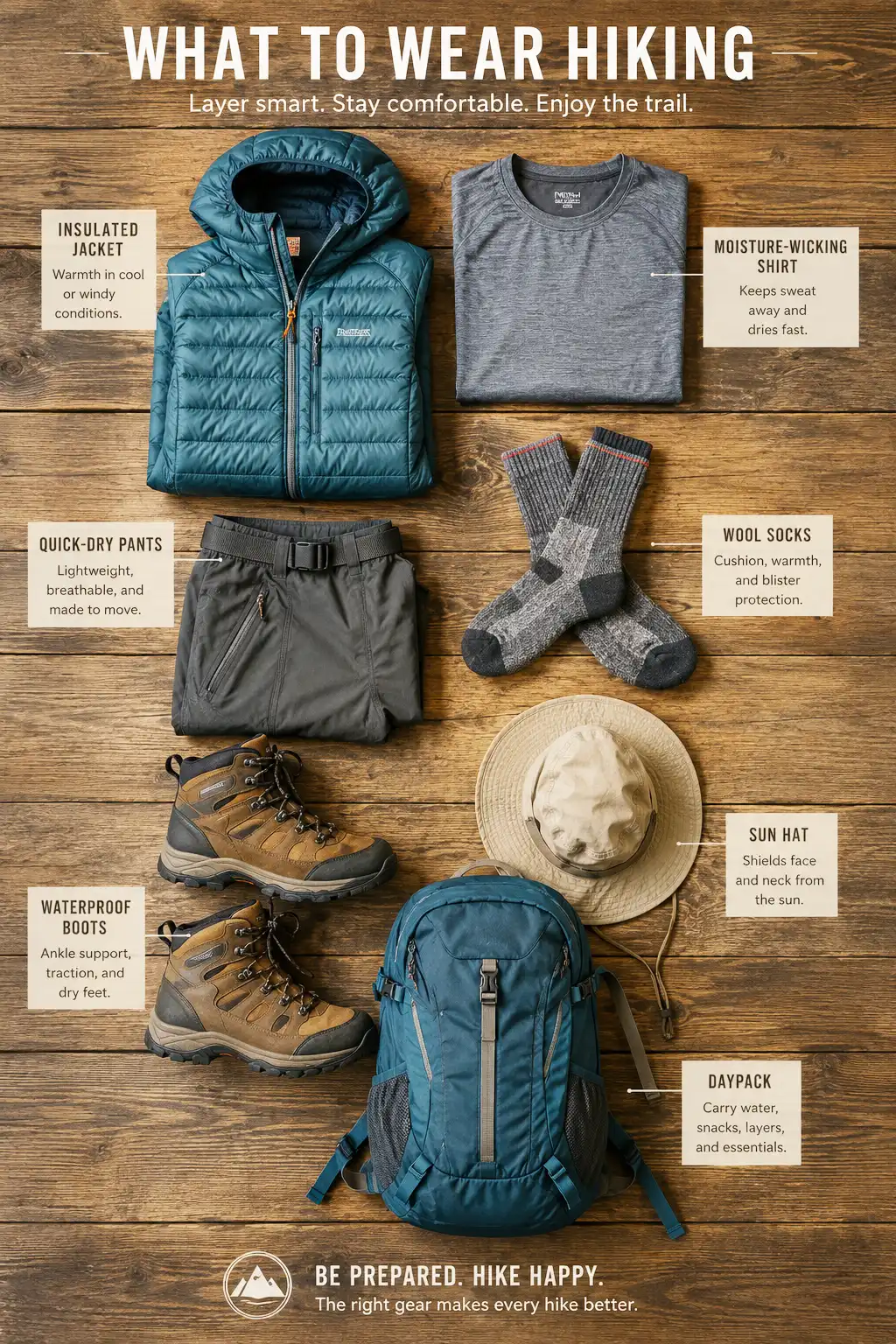 Detailed infographic of what to wear hiking: flat lay of labeled hiking outfit and gear