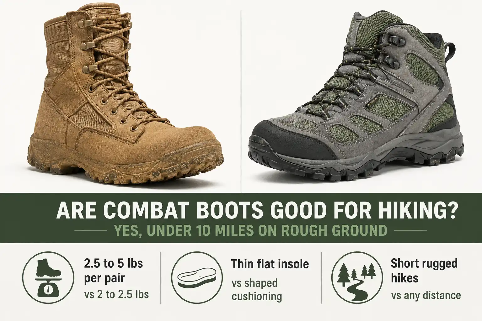 Combat boot and hiking boot shown side by side with a chart comparing weight, cushioning, and best hiking distance