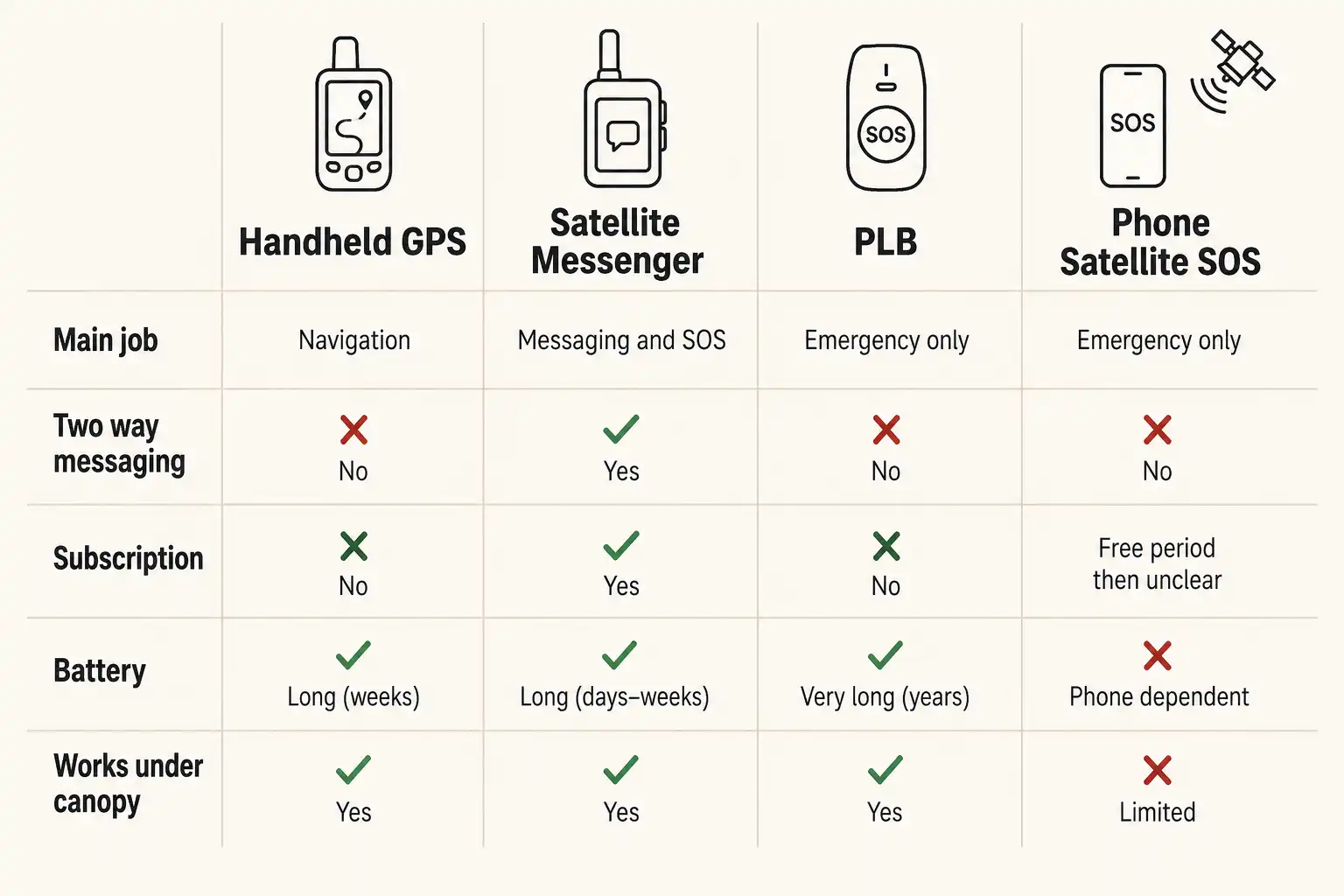 Comparison chart showing that a handheld GPS handles navigation, a satellite messenger sends two way texts, a PLB sends one way distress signals, and phone satellite SOS works only with clear sky