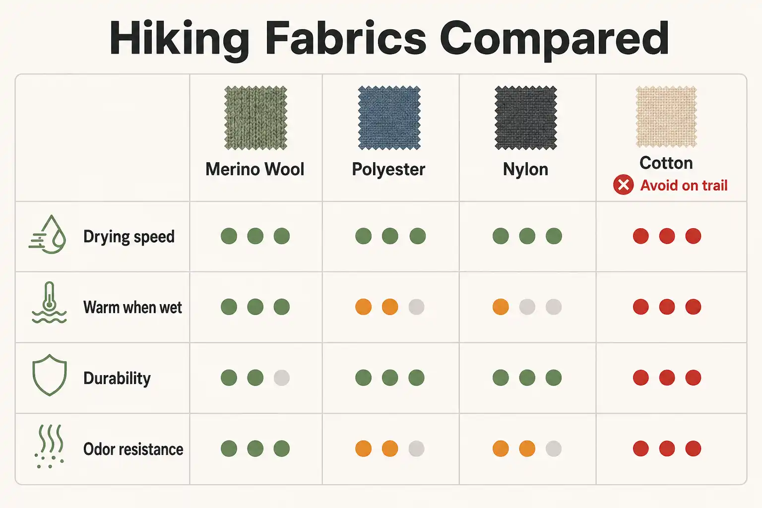 Infographic comparing merino wool, polyester, nylon, and cotton for drying speed, warmth when wet, durability, and odor resistance in hiking clothing