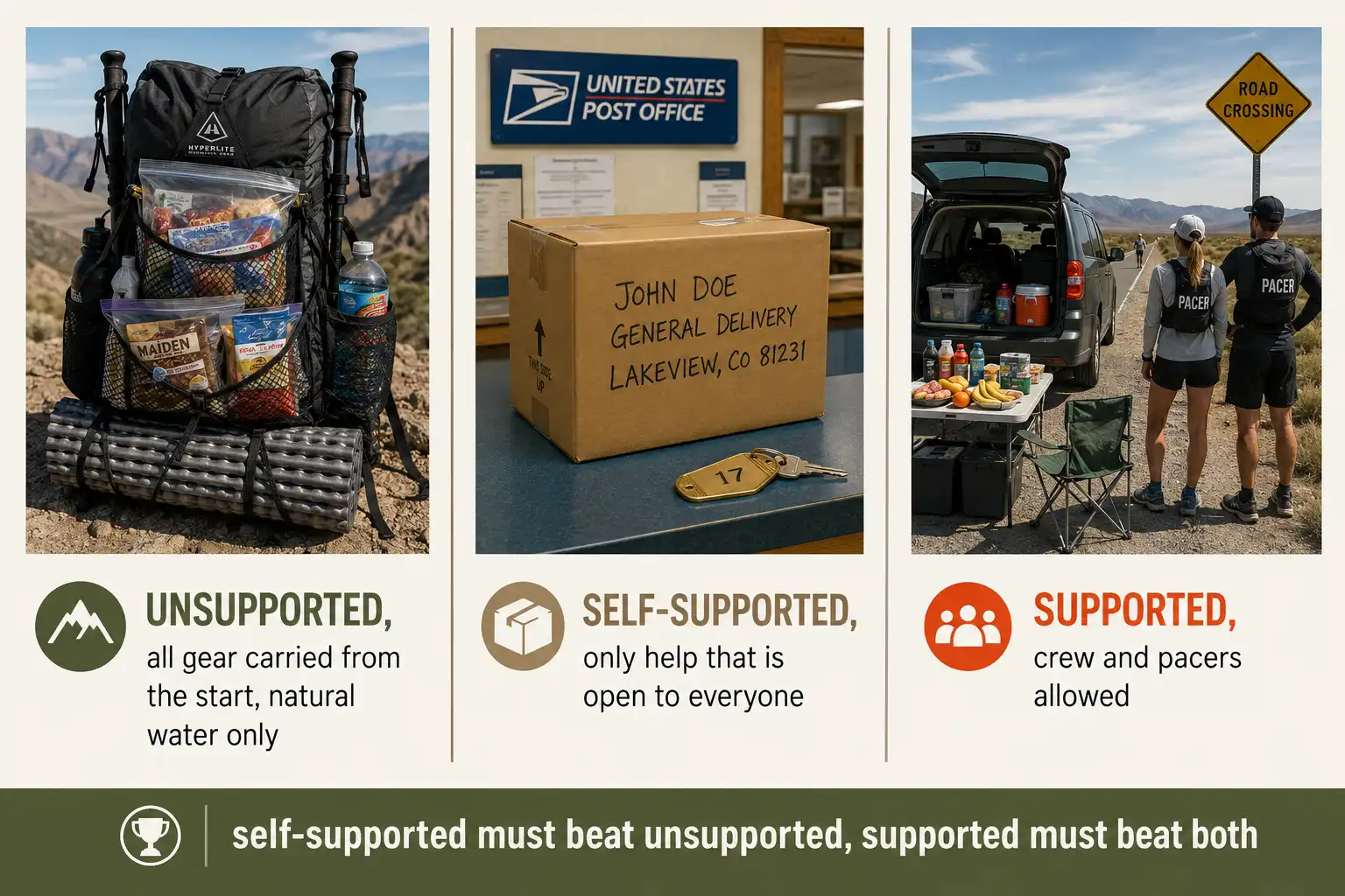 Infographic comparing the three FKT styles with a loaded solo pack, a resupply box at a post office, and a support crew van with pacers
