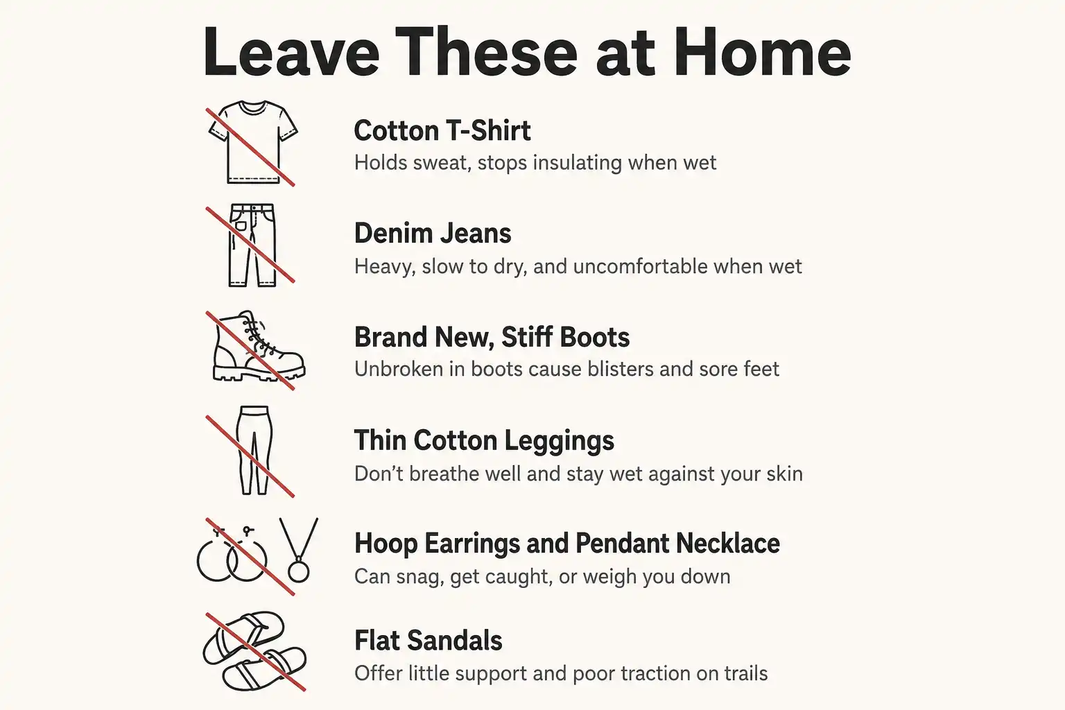 Infographic of the items to avoid wearing hiking including cotton shirts, jeans, new boots, thin cotton leggings, and dangling jewelry