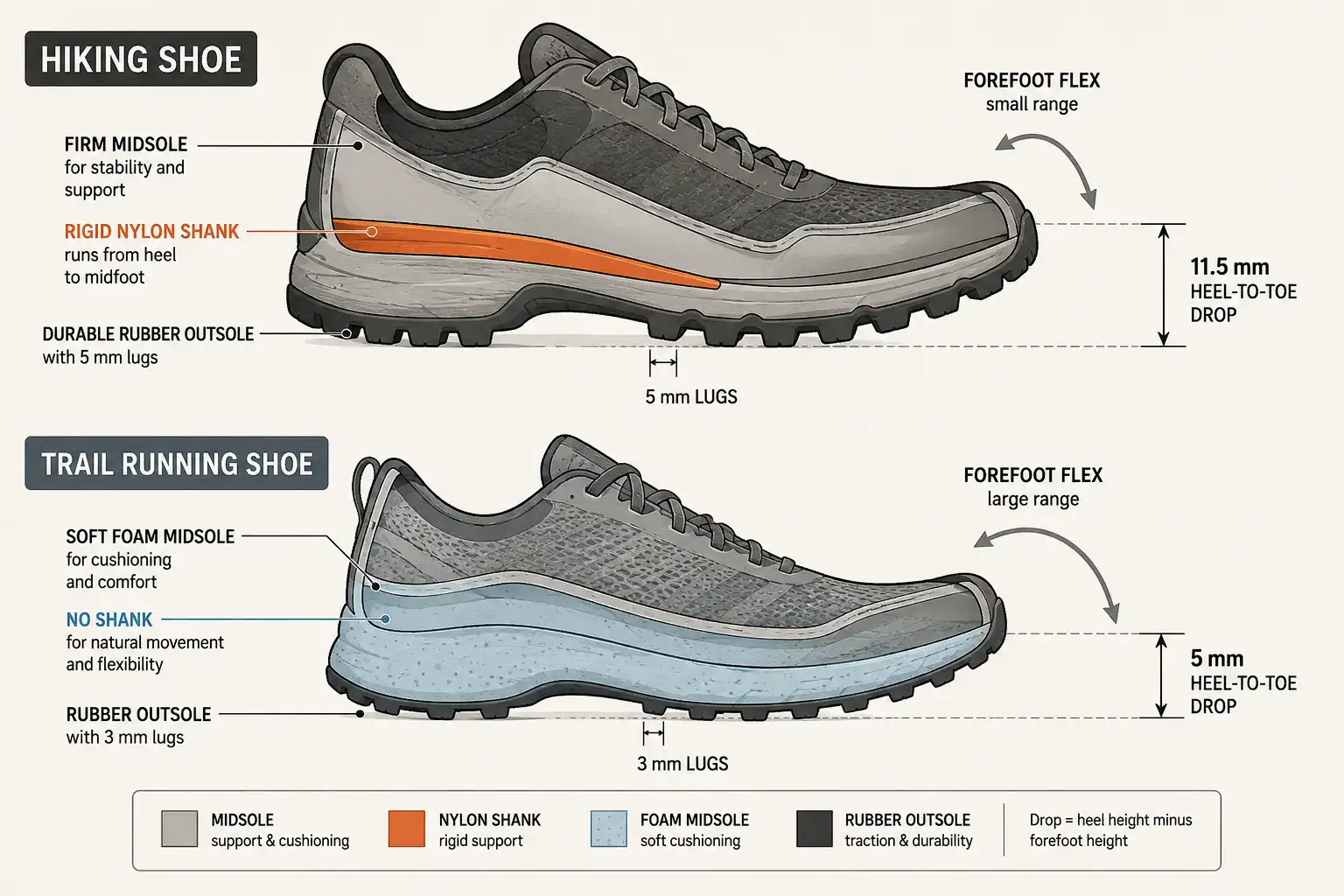 Side cutaway diagram of the stiff nylon shank inside a hiking shoe midsole compared with the flexible forefoot of a trail running shoe