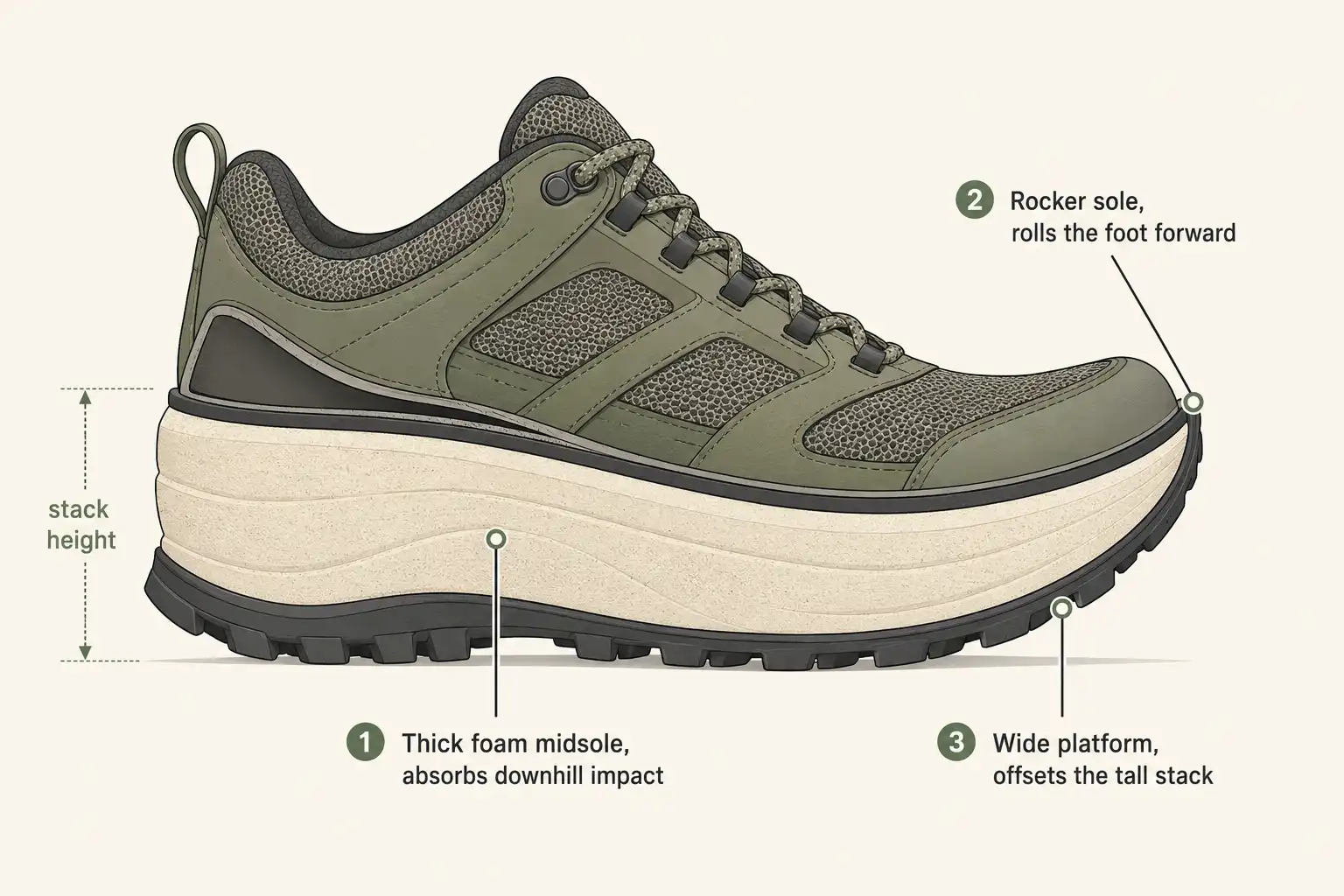 Labeled cutaway diagram of a maximal cushioned hiking shoe showing the thick foam midsole, upward curved toe, and flared wide platform