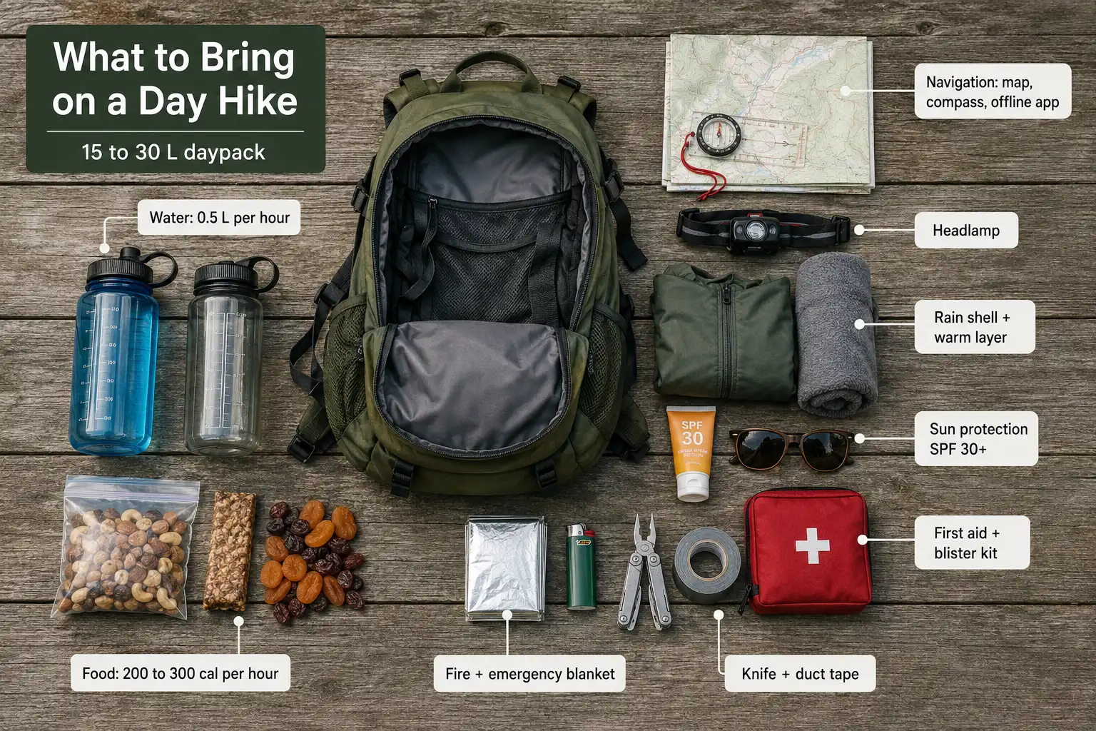 Flat lay of day hike gear including daypack, water bottles, headlamp, rain shell and snacks with labels showing what to bring on a day hike