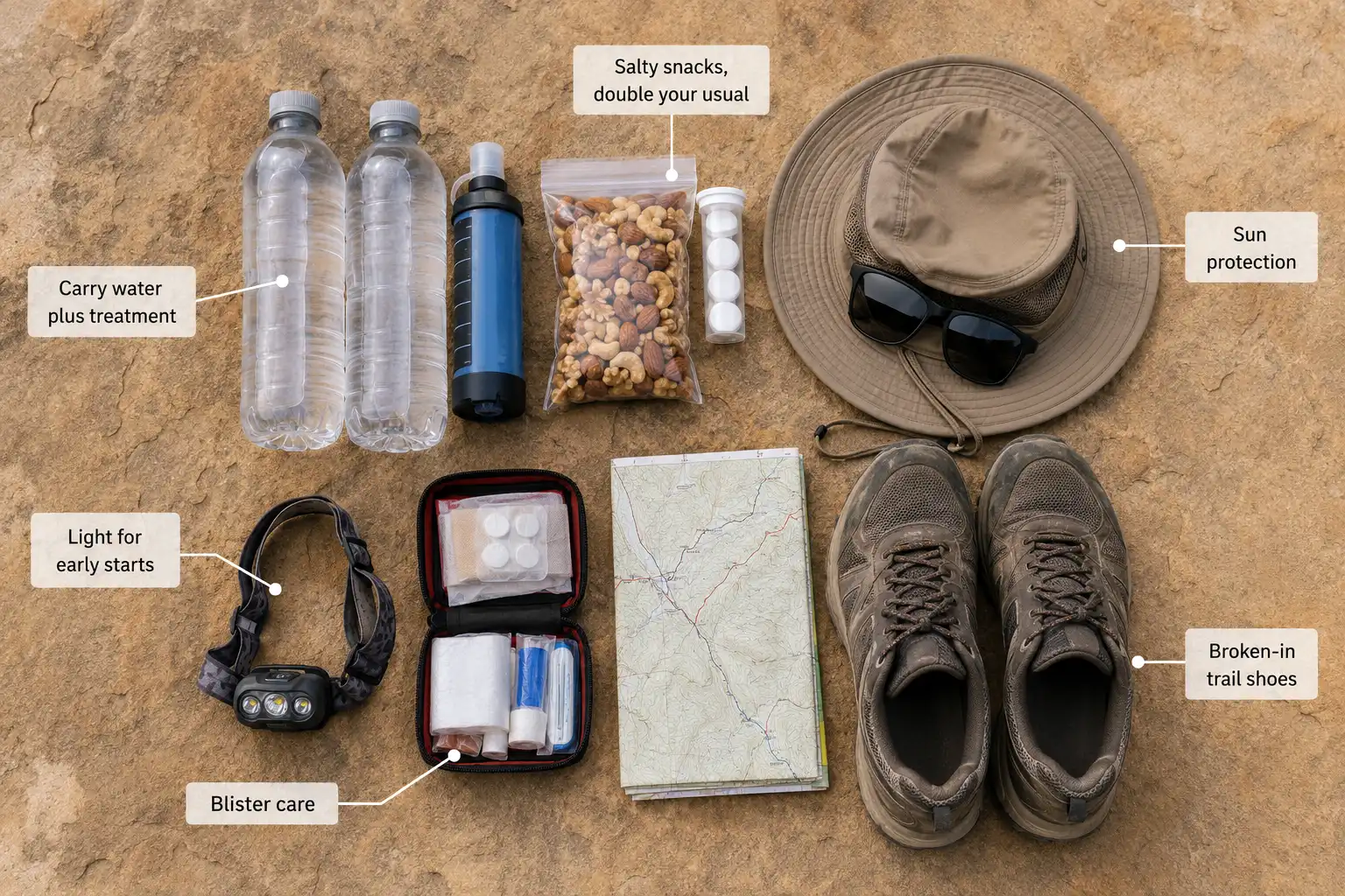 Overhead layout of Grand Canyon hiking essentials including water bottles, filter, salty snacks, sun hat, headlamp and first aid kit