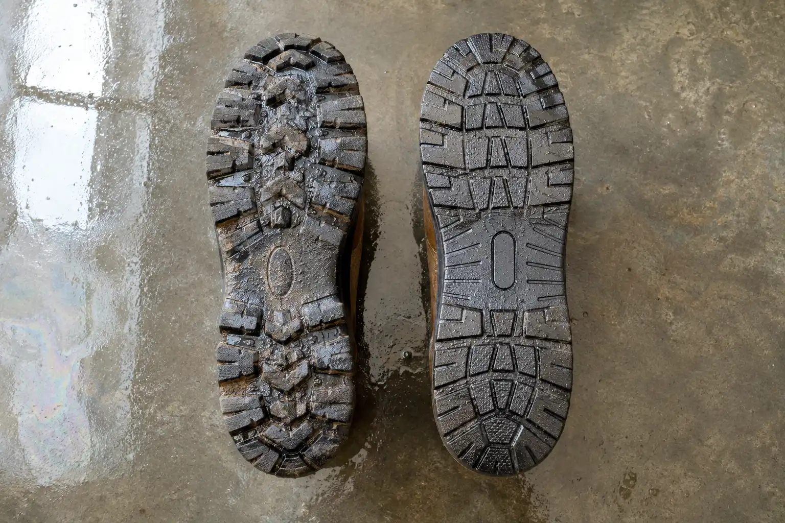Close-up of a deep lug hiking boot sole beside a flat tread work boot sole on wet concrete showing the difference in ground contact area