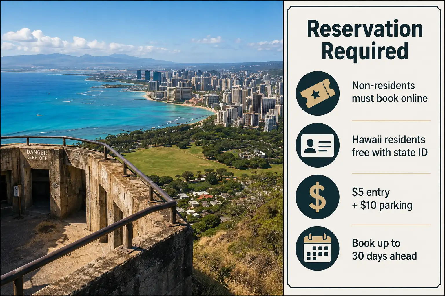 View from the Diamond Head summit over Waikiki beside a panel stating that non-residents need an advance reservation and pay five dollars entry