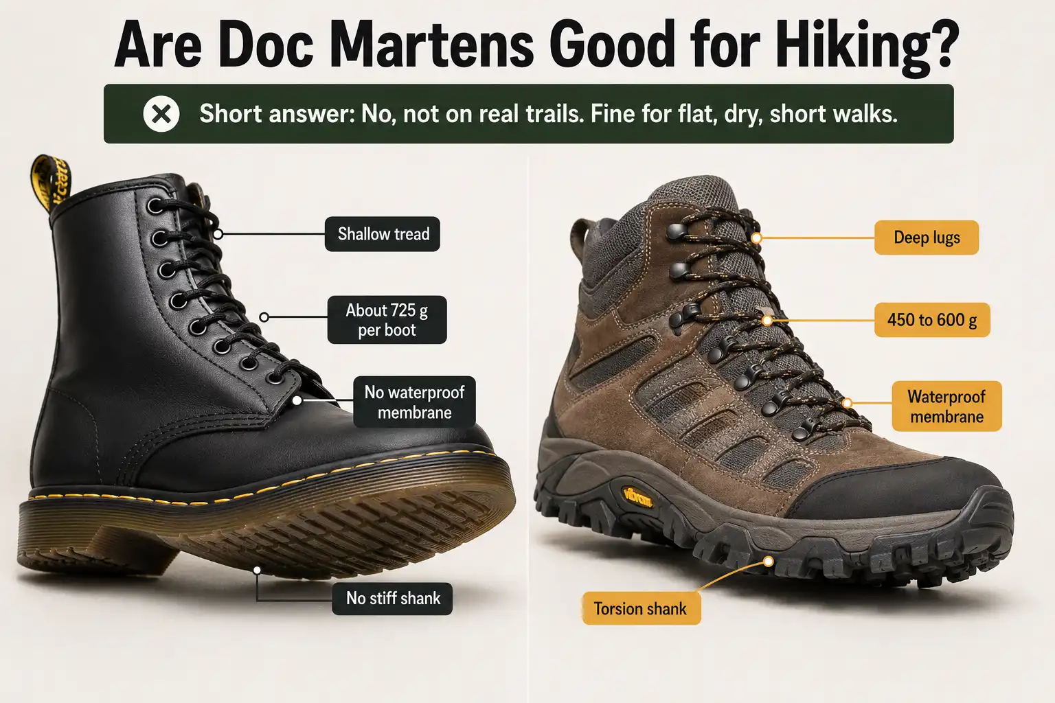 Side by side comparison of a black Doc Martens 1460 boot and a brown hiking boot with labels showing shallow tread, 725 gram weight and no waterproof membrane