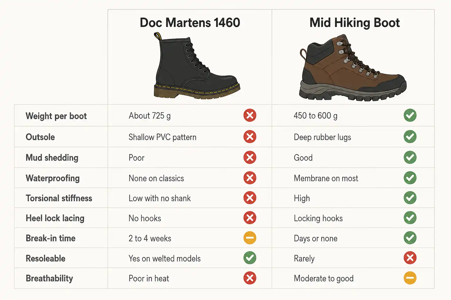 Infographic table comparing Doc Martens and mid hiking boots across weight, outsole, mud shedding, waterproofing, shank, lacing, break-in and breathability