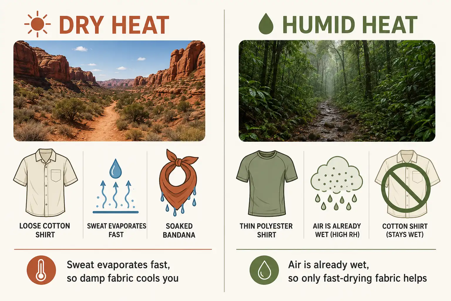 Infographic comparing hiking clothing for dry desert heat and humid tropical heat, showing cotton works in dry air but fails in humidity