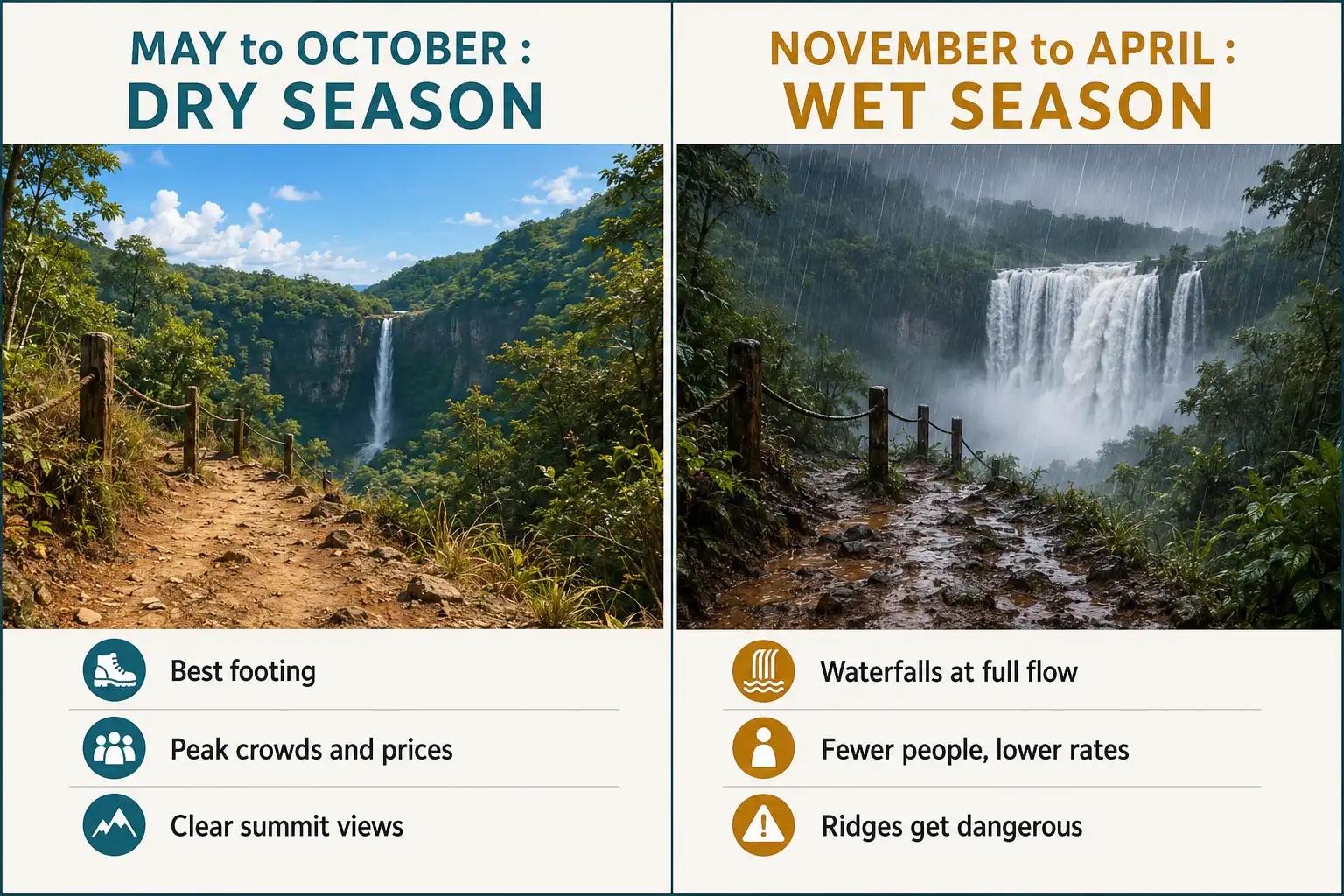Comparison showing a dry firm Tahitian trail in July next to the same muddy trail with a fuller waterfall in January