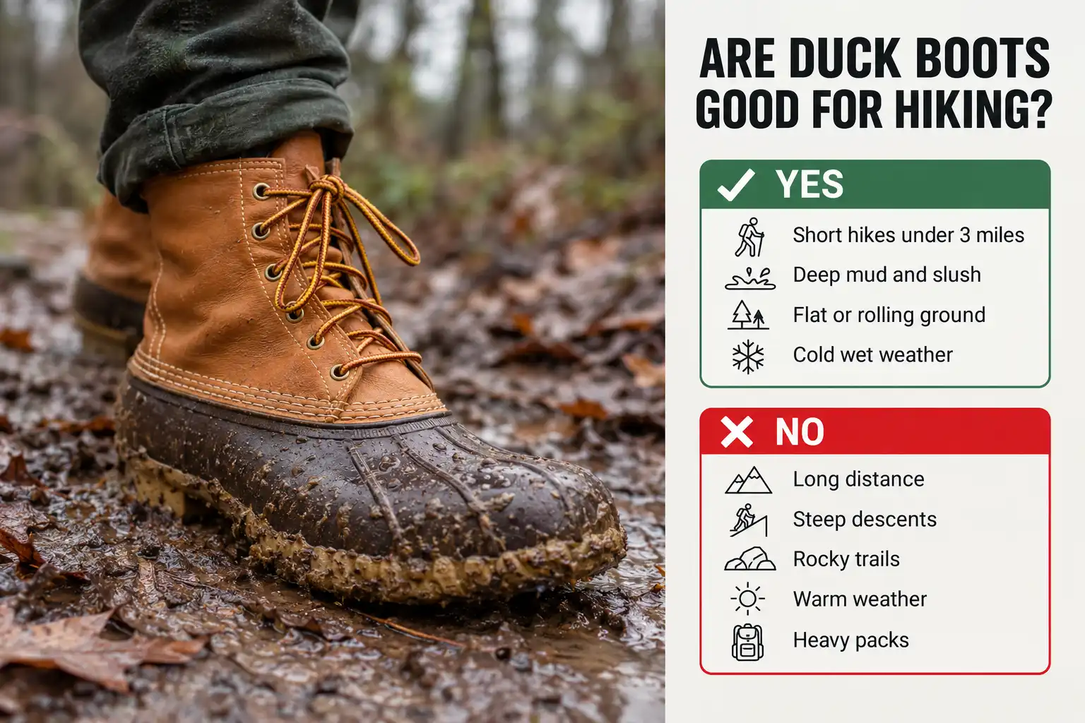 Tan and brown duck boot standing in trail mud beside a panel showing duck boots suit short wet cold hikes but not long steep rocky or warm ones