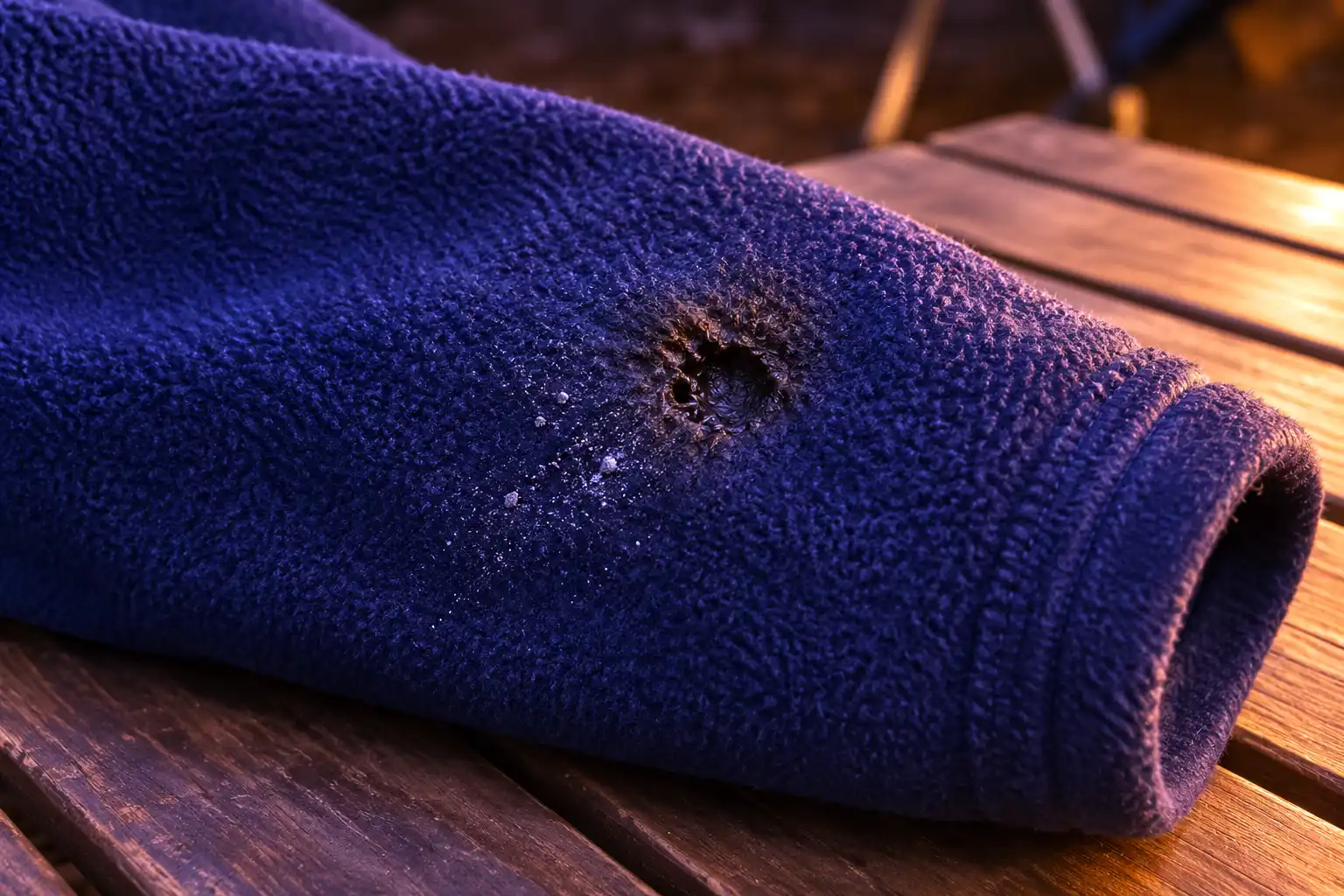Close up of a small melted hole with hardened edges burned through a polyester fleece sleeve by a campfire ember