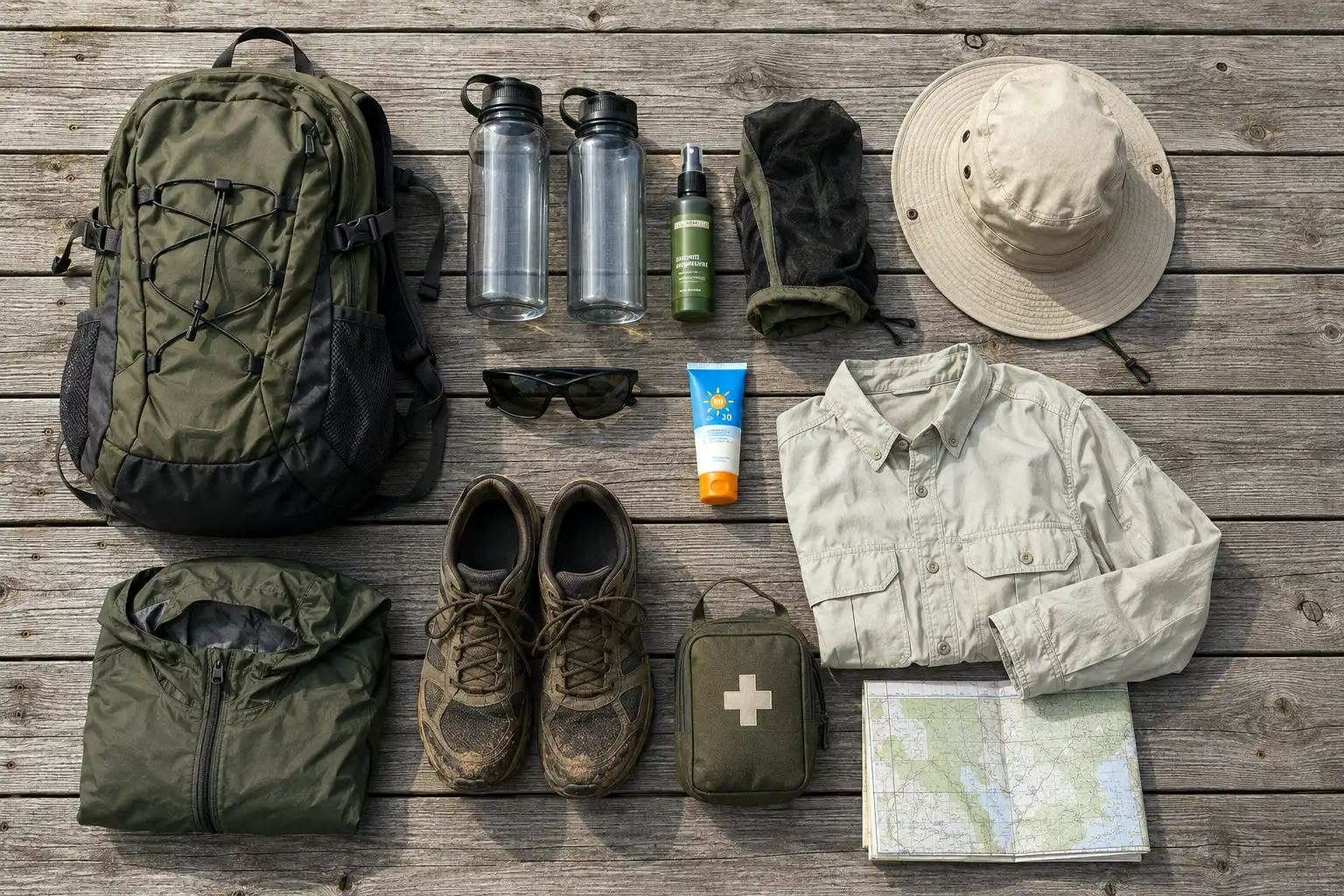 Flat lay of Everglades day hiking gear including water bottles, insect repellent, head net, sun hat and lace-up trail shoes